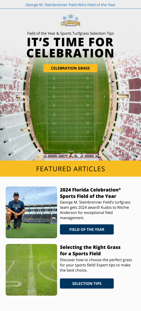 A promotional webpage for George M. Steinbrenner Field celebrating its football field of the year award, featuring an aerial view of the stadium with a football field, headlines, and articles about sports field management.