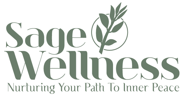 Logo for Sage Wellness with text 'Sage Wellness' and slogan 'Nurturing Your Path To Inner Peace', featuring a sage leaf illustration inside a circle.
