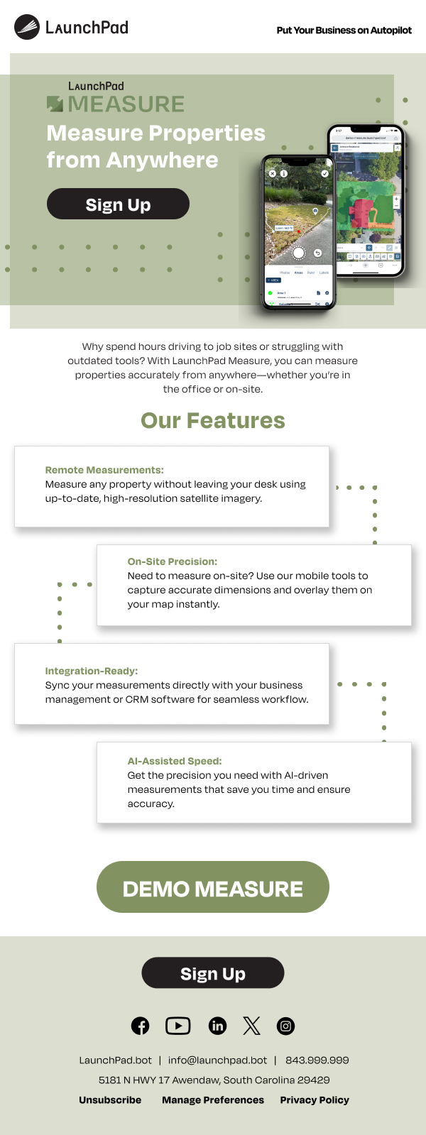LaunchPad Measure app webpage showcasing phone screens with mapping and measurement tools, featuring sign-up and demo buttons, social media icons, and company contact information.