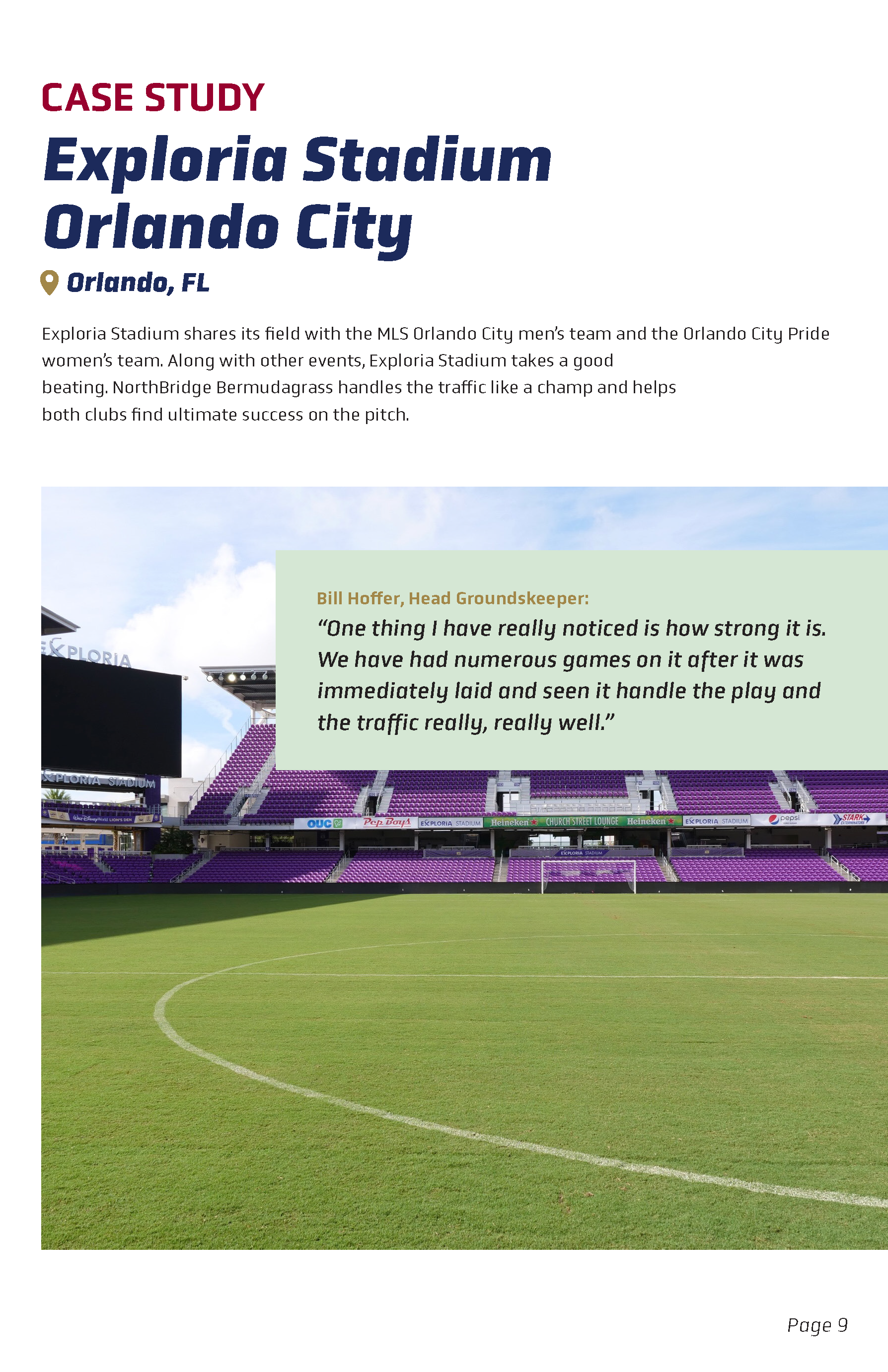 Photo of Exploria Stadium in Orlando, Florida, empty with green grass field, purple seating area, and stadium signage, under a partly cloudy sky.