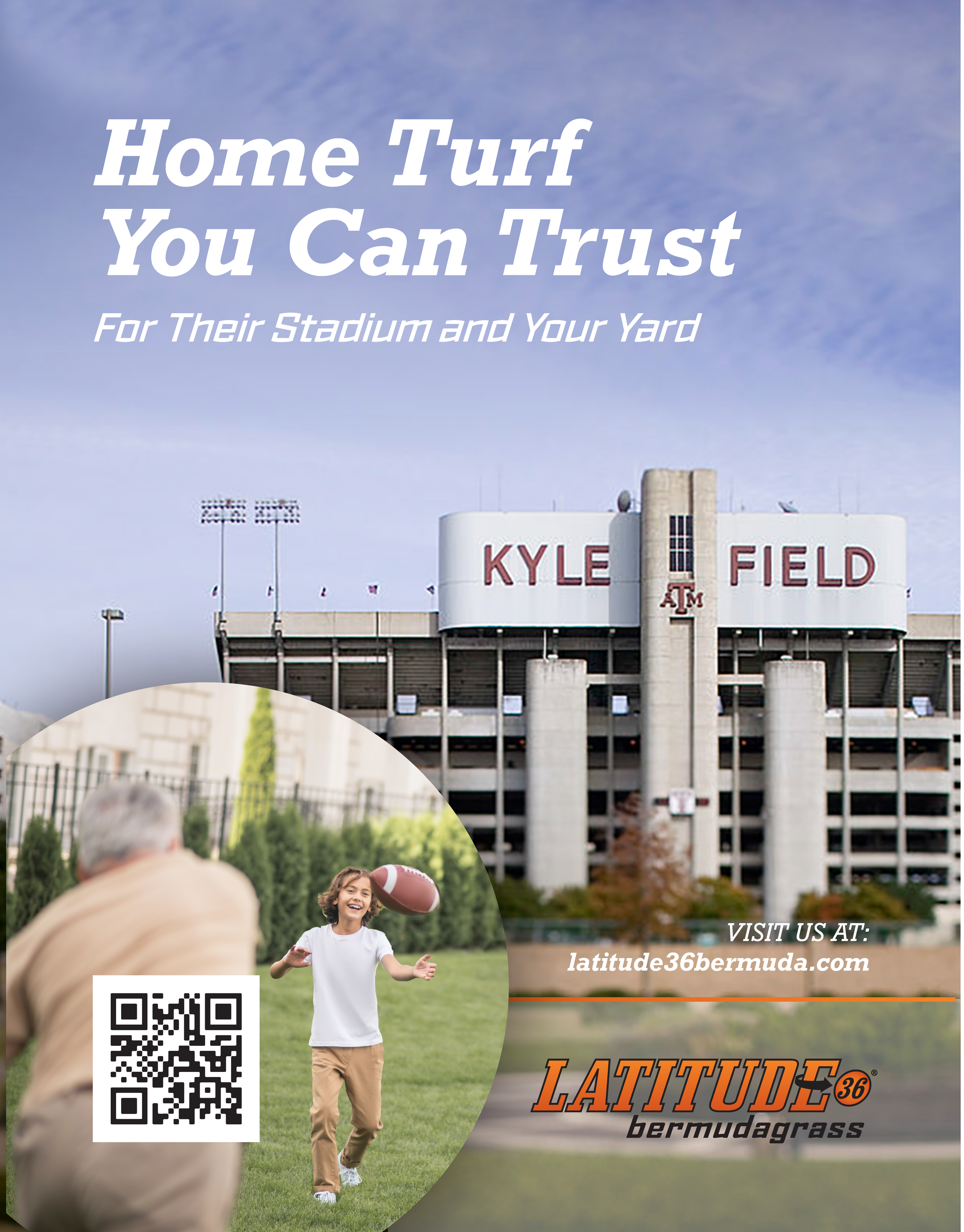 A promotional flyer for Latitude 36 Bermuda Grass featuring an outdoor football event. The flyer includes an image of a young girl and an older man playing football in a grassy area at a stadium named Kyle Field. It provides website URL latitude36ber