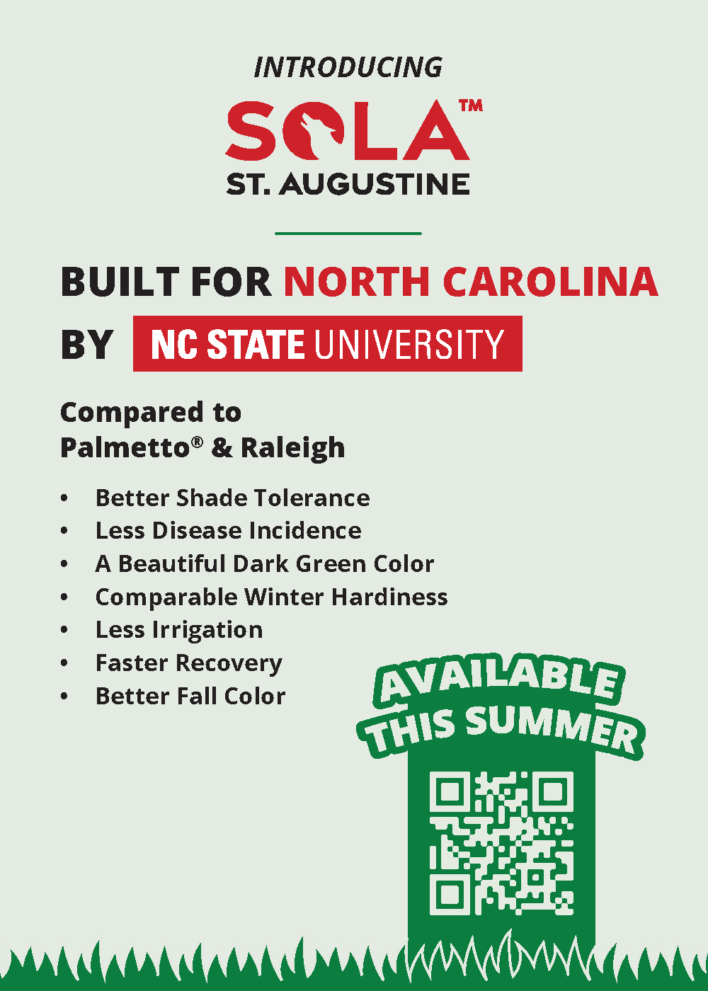 Poster advertising SOLA St. Augustine, built by NC State University, with features like better shade tolerance and less disease incidence, and available in summer with a QR code