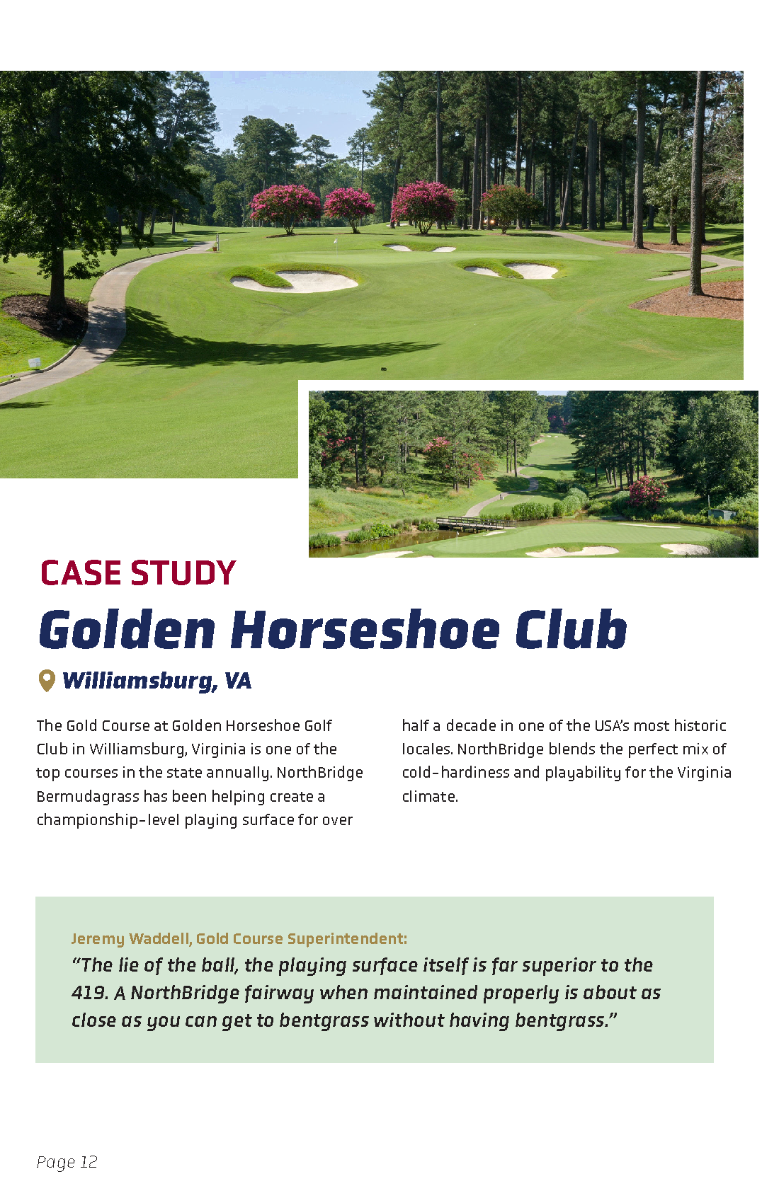 Two photographs of a golf course with trees, sand traps, and a pond, along with a case study about the Golden Horseshoe Club in Williamsburg, Virginia.