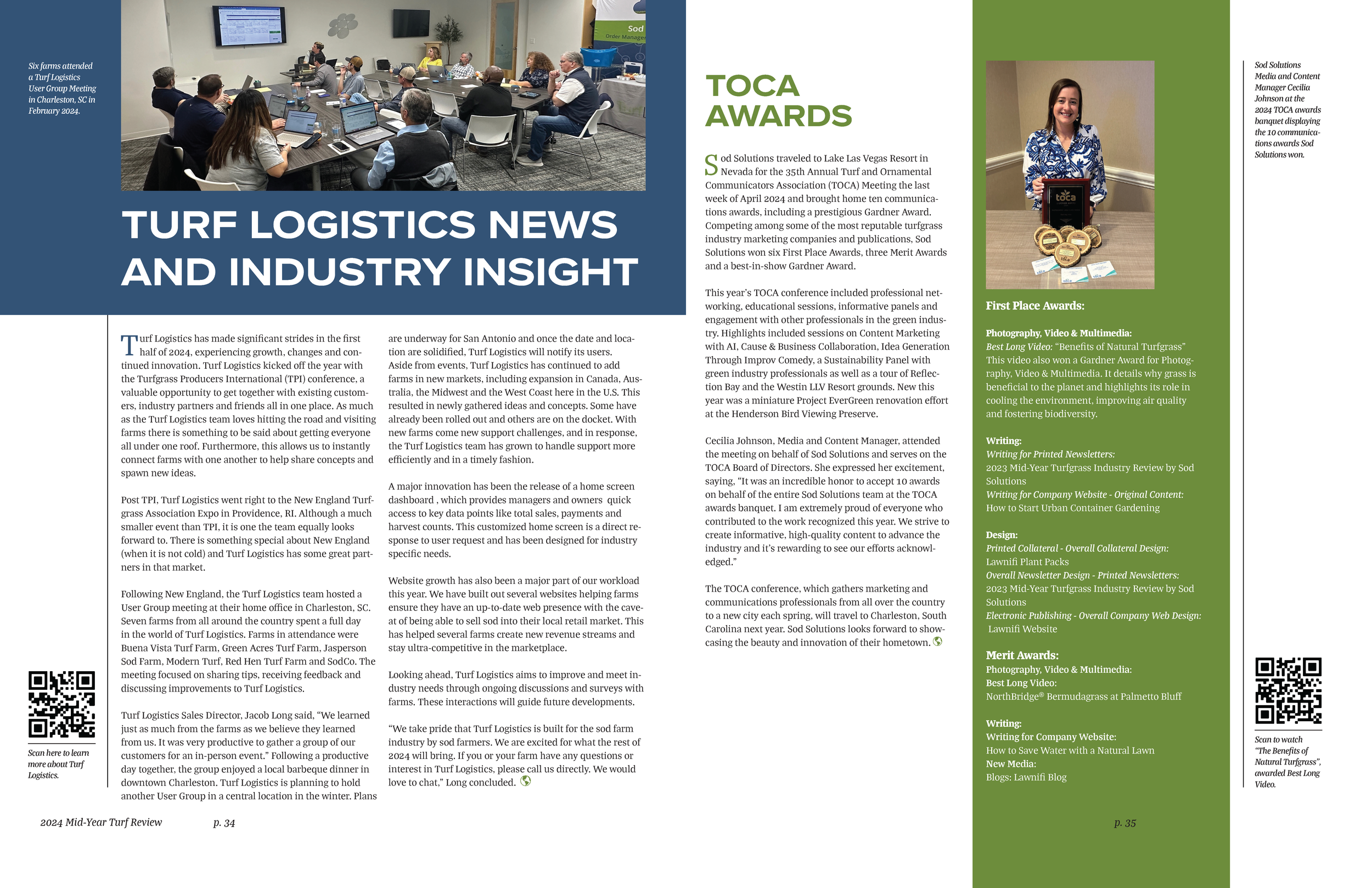A two-page magazine article with a large blue header titled 'Turf Logistics News and Industry Insight.' The left page features a conference room with people attending a meeting, using laptops and taking notes. The right page contains an article about