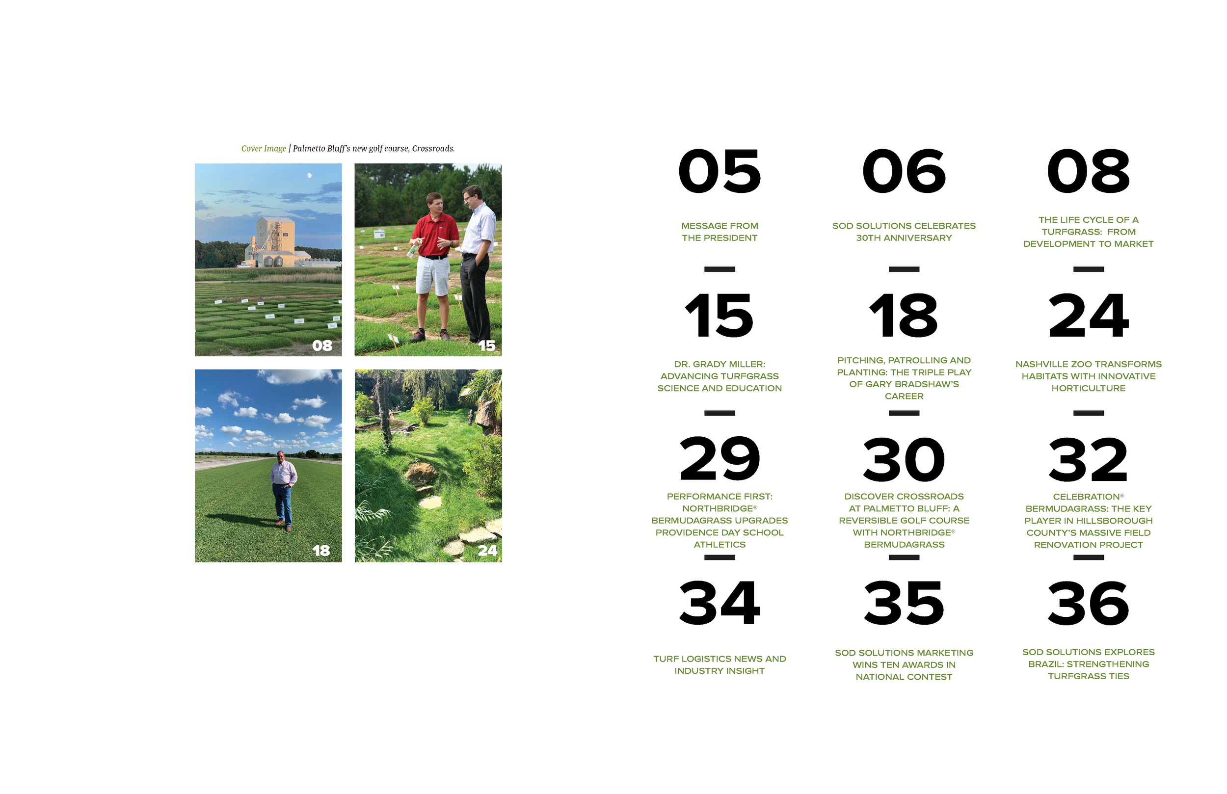 A magazine page with a collage of four images on the left side showing a golf course, two men talking outdoors, a person standing on grass, and a lush green landscape. On the right side, there are numbered sections with green text titles and descript
