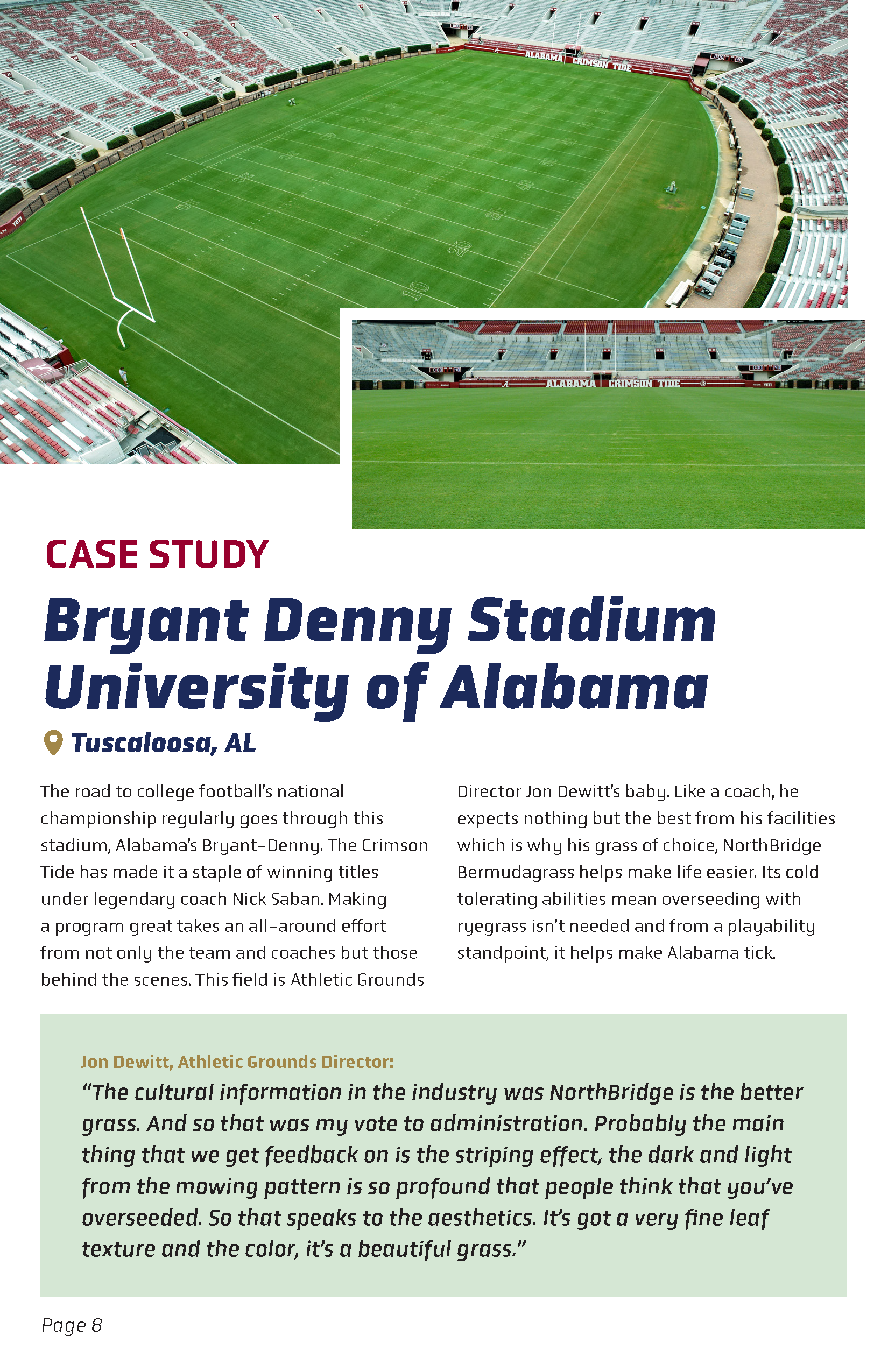 Photograph of Bryant Denny Stadium at the University of Alabama, showing an empty football field with green grass, white yard lines, and red and white seating in the stands.