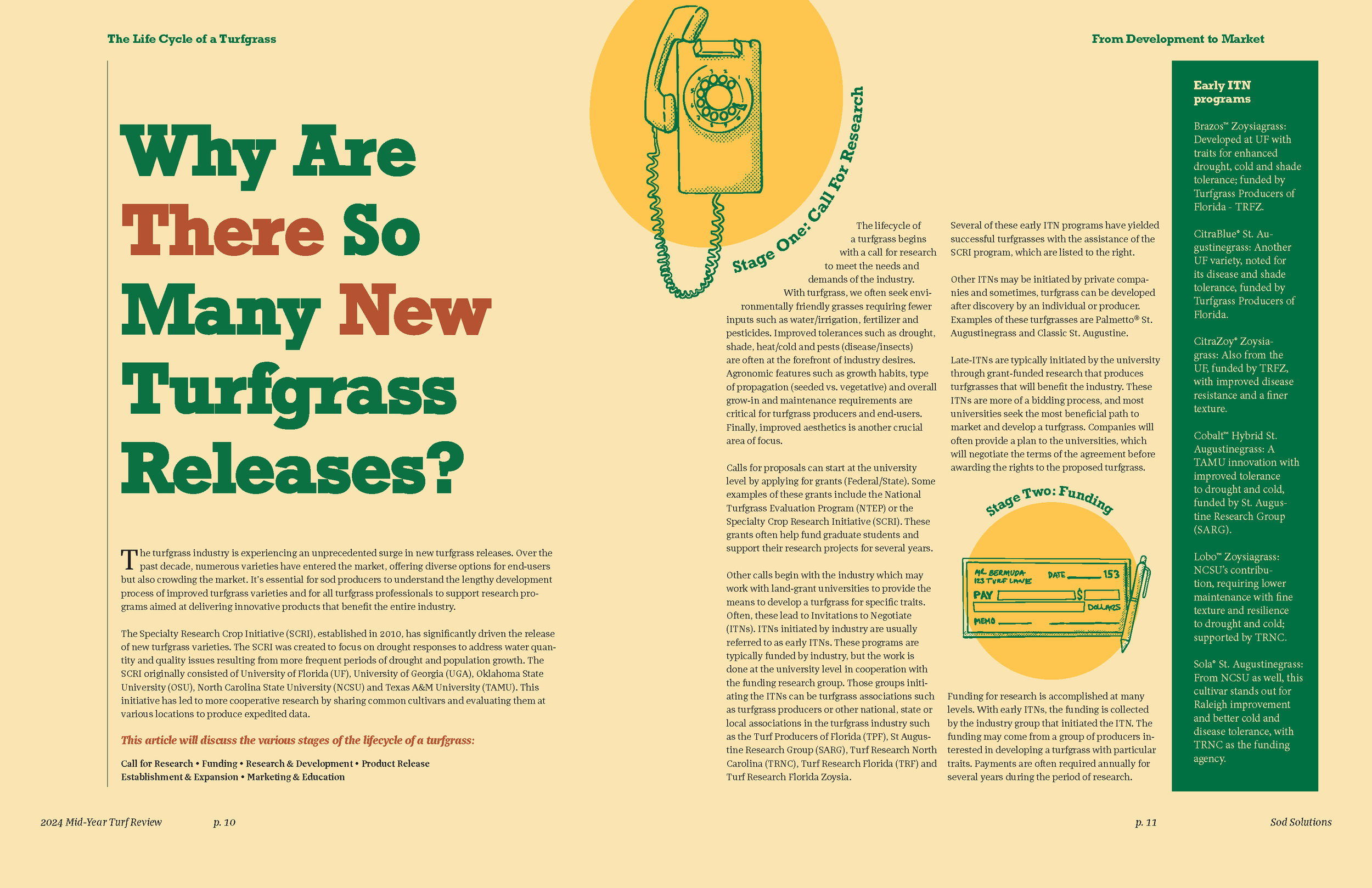 A page from a publication titled 'Why Are There So Many New Turfgrass Releases?' with a vintage telephone illustration and green and brown text on a beige background.