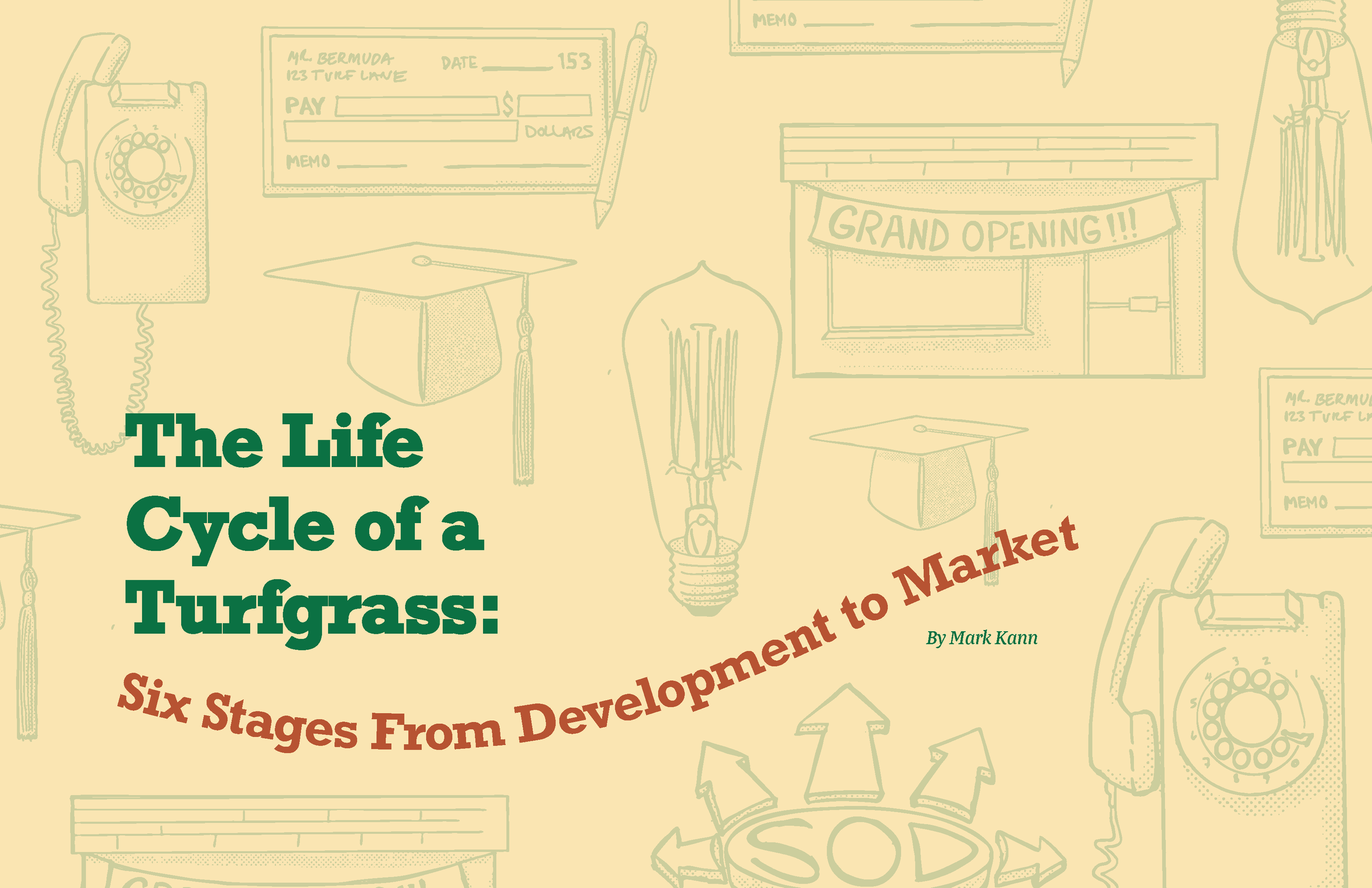 Illustrated background with various sketches of vintage rotary phone, lightbulb, graduation cap, speech bubble, and banners, overlaid with title text and author name for a publication cover.