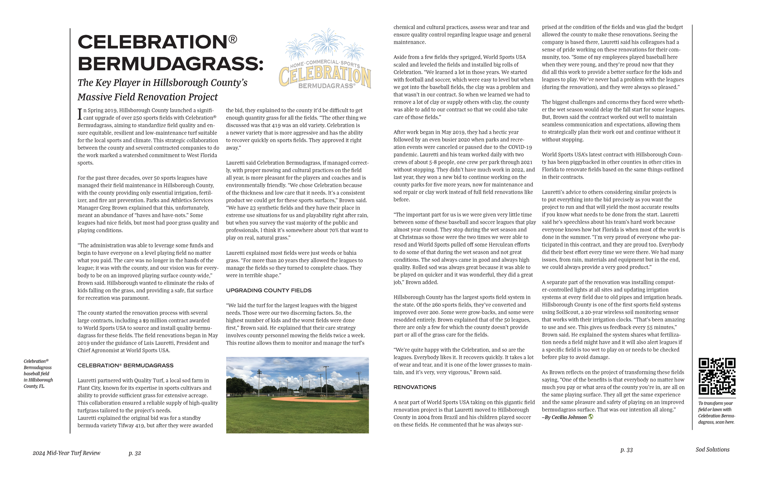A newspaper page with text about the Celebration Bermudagrass project and a color photograph of a baseball field with a green outfield, dirt infield, and blue sky with clouds.
