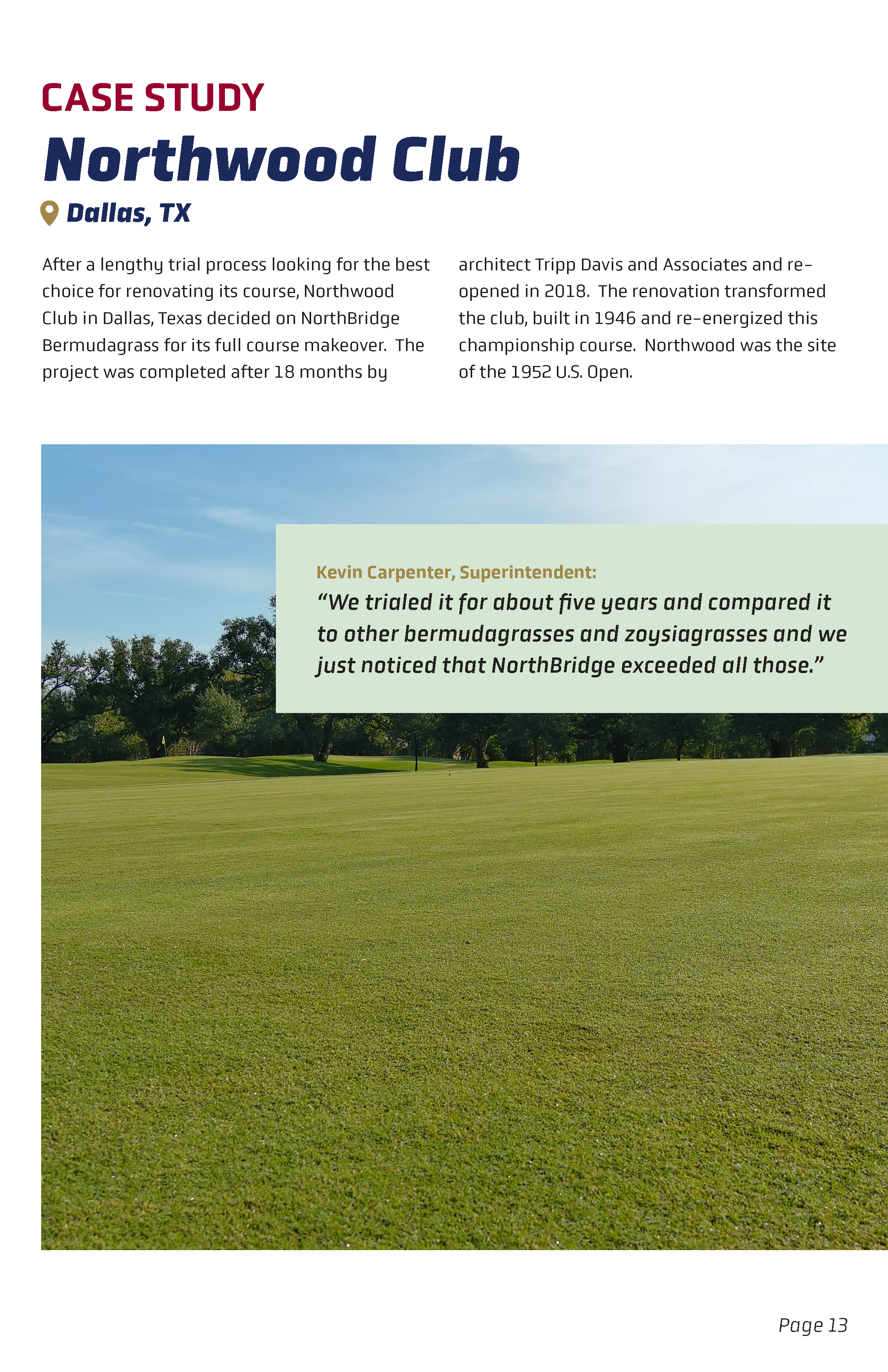 A page from a report or book showing a case study of Northwood Club in Dallas, Texas, with a photograph of a golf course or parkland green and trees in the background, and text describing the club's renovation and history.