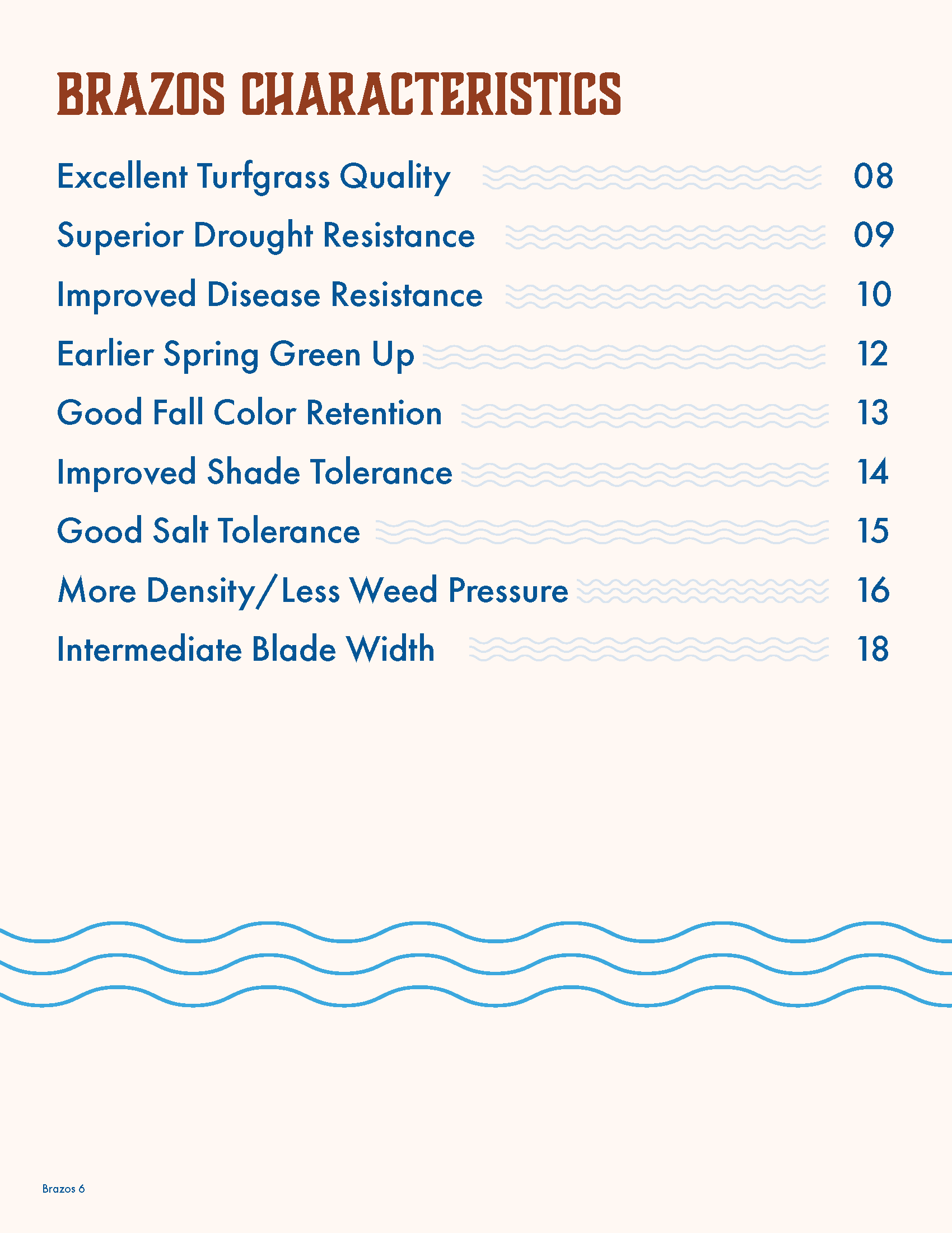 A page of a gardening catalog titled "Brazos Characteristics" listing features of a grass seed variety, including excellent turfgrass quality, drought resistance, disease resistance, and color retention, with corresponding page numbers.