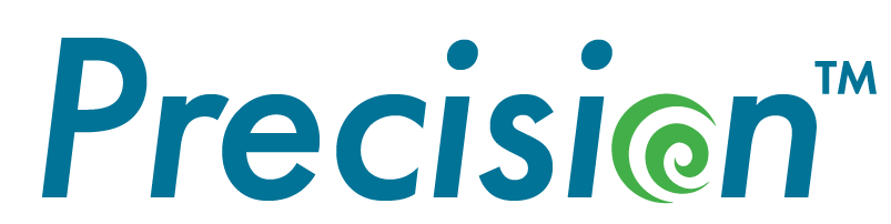 Logo of a company or brand called 'Precision' with a stylized green swirl in the 'o'.