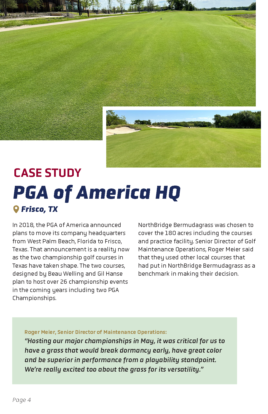 Two images of golf courses with well-maintained green grass, sand bunkers, and trees in the background, used in a case study about the PGA of America headquarters in Frisco, Texas.