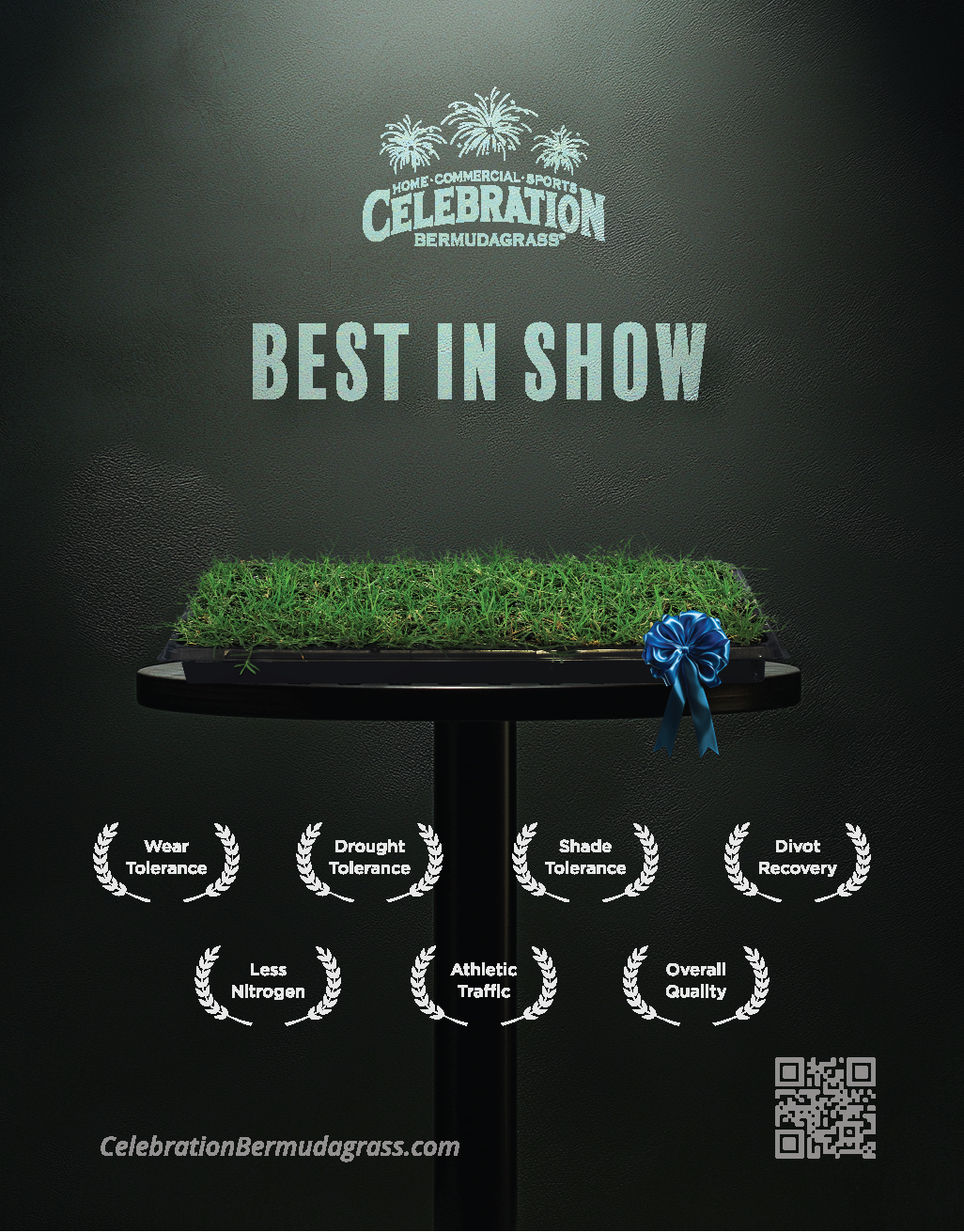 A black table with a small patch of green Bermuda grass and a blue ribbon on the right side. Text above reads 'Home Commercial Sports Celebration Bermuda Grass,' and below it states 'Best in Show.' There are nine awards around the grass, including 'W