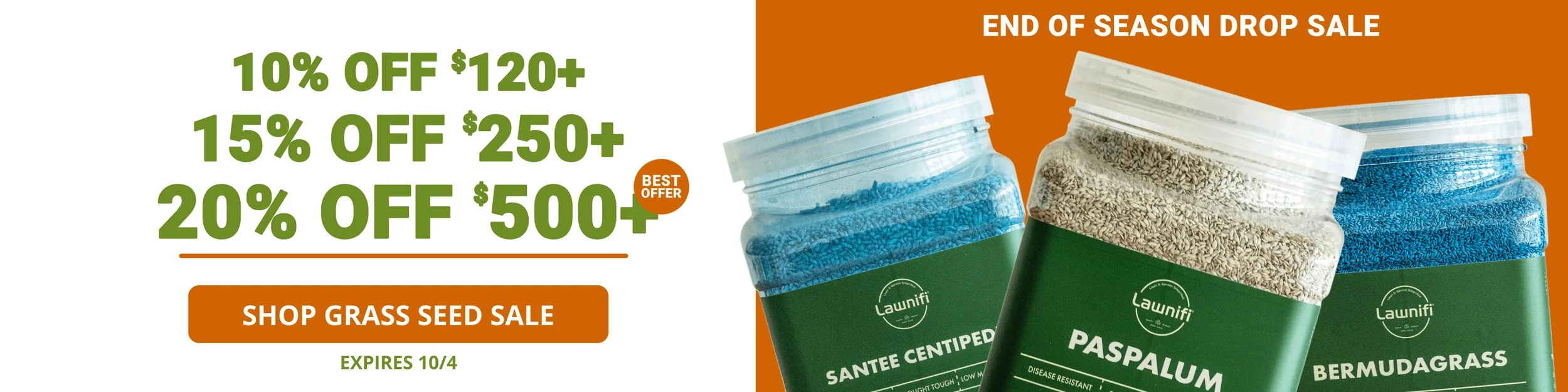 Promotional flyer for a grass seed sale with discounts of 10%, 15%, and 20% based on purchase amounts, featuring containers of lawn grass seed, an 'End of Season Drop Sale' banner, and an expiration date of October 4.
