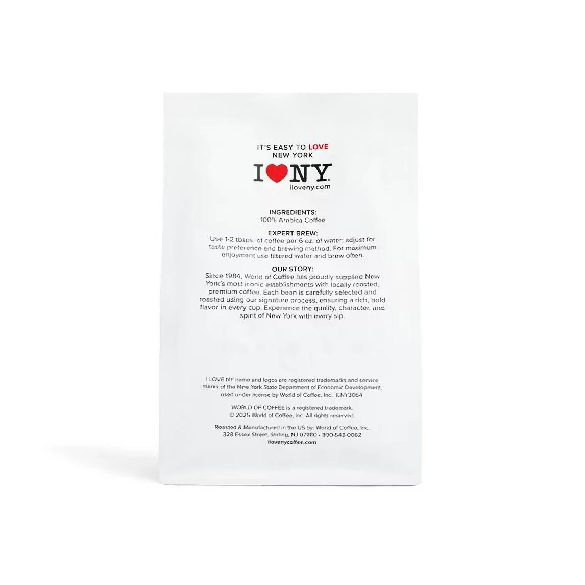 Text on a white coffee bag with the words 'I love NY' and information about coffee ingredients, brew instructions, and story.