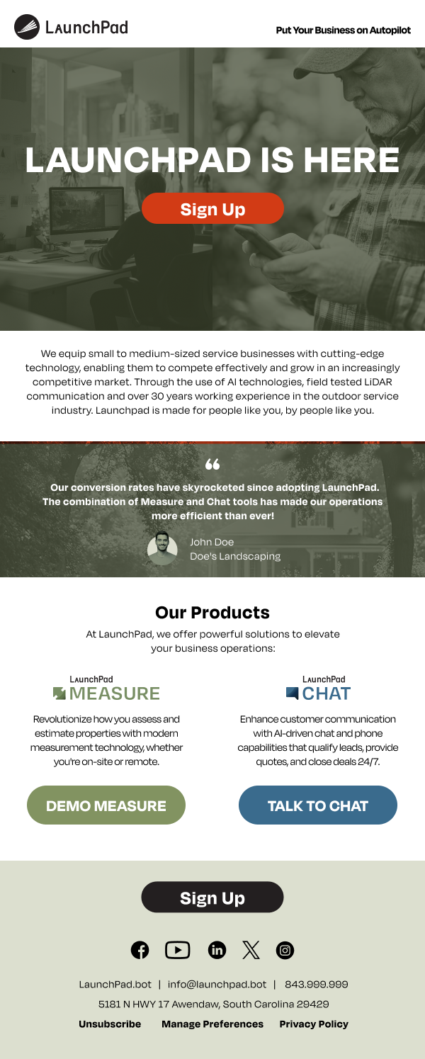 Website landing page for LaunchPad. It features a logo, a headline "LaunchPad is here," a red "Sign Up" button, a description of the company's services for small to medium-sized businesses, a customer testimonial, and information about their products