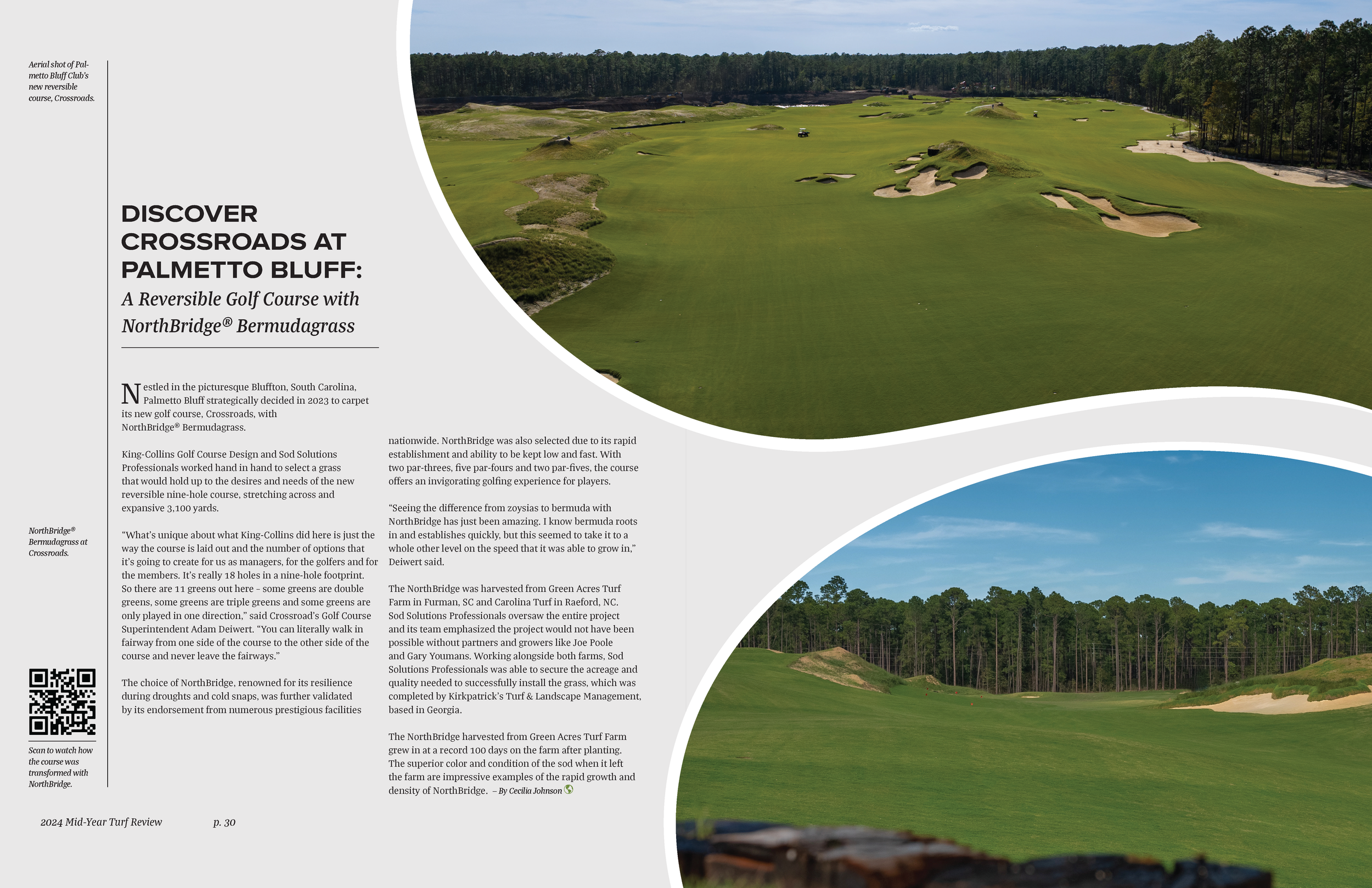 Aerial view of Palmetto Bluff golf course featuring lush green fairways, sand bunkers, and surrounding trees with a partly cloudy sky.