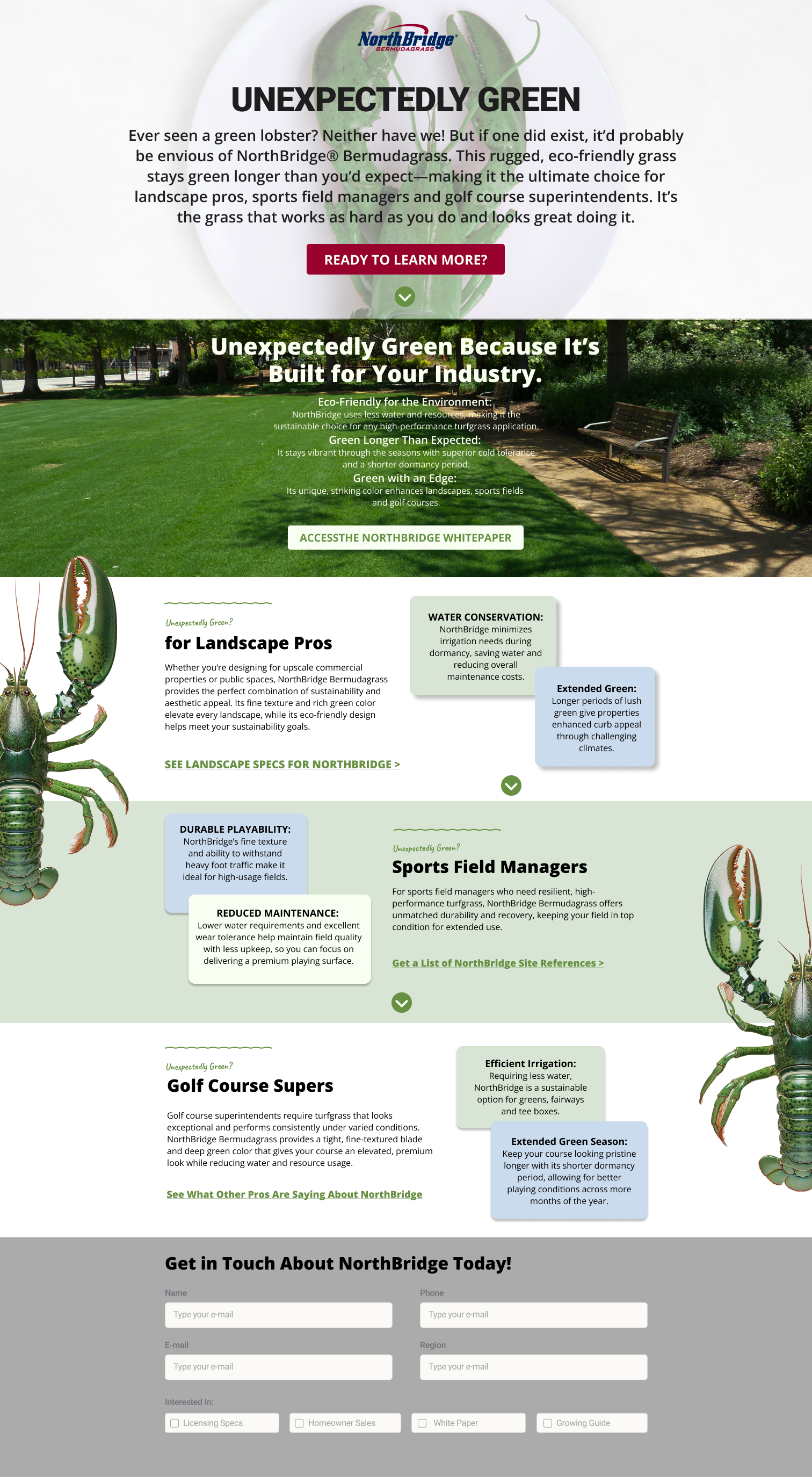 A website page promoting NorthBridge Bermudagrass, showcasing its environmental benefits, industry suitability, and performance features, with images of green turfgrass and lobsters alongside textual information.