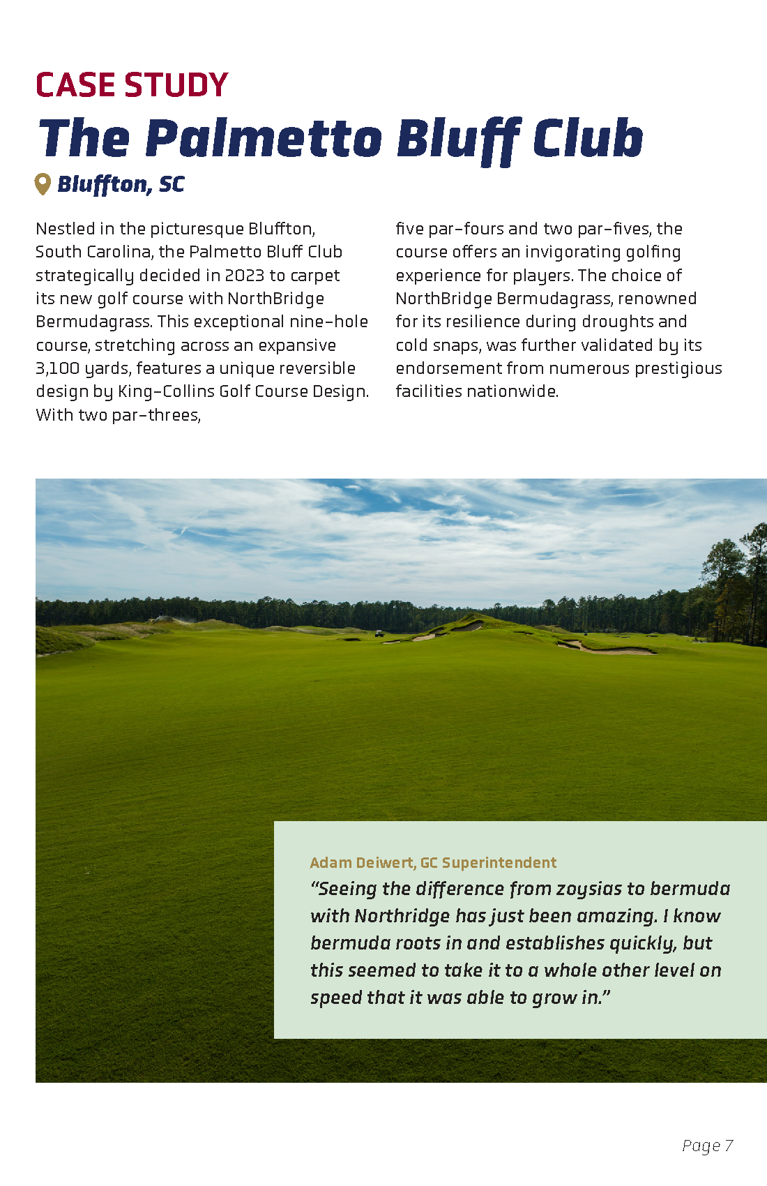 Information page about the Palmetto Bluff Club golf course in Bluffton, SC, featuring a photo of a green golf course with sand traps, blue sky, and trees.