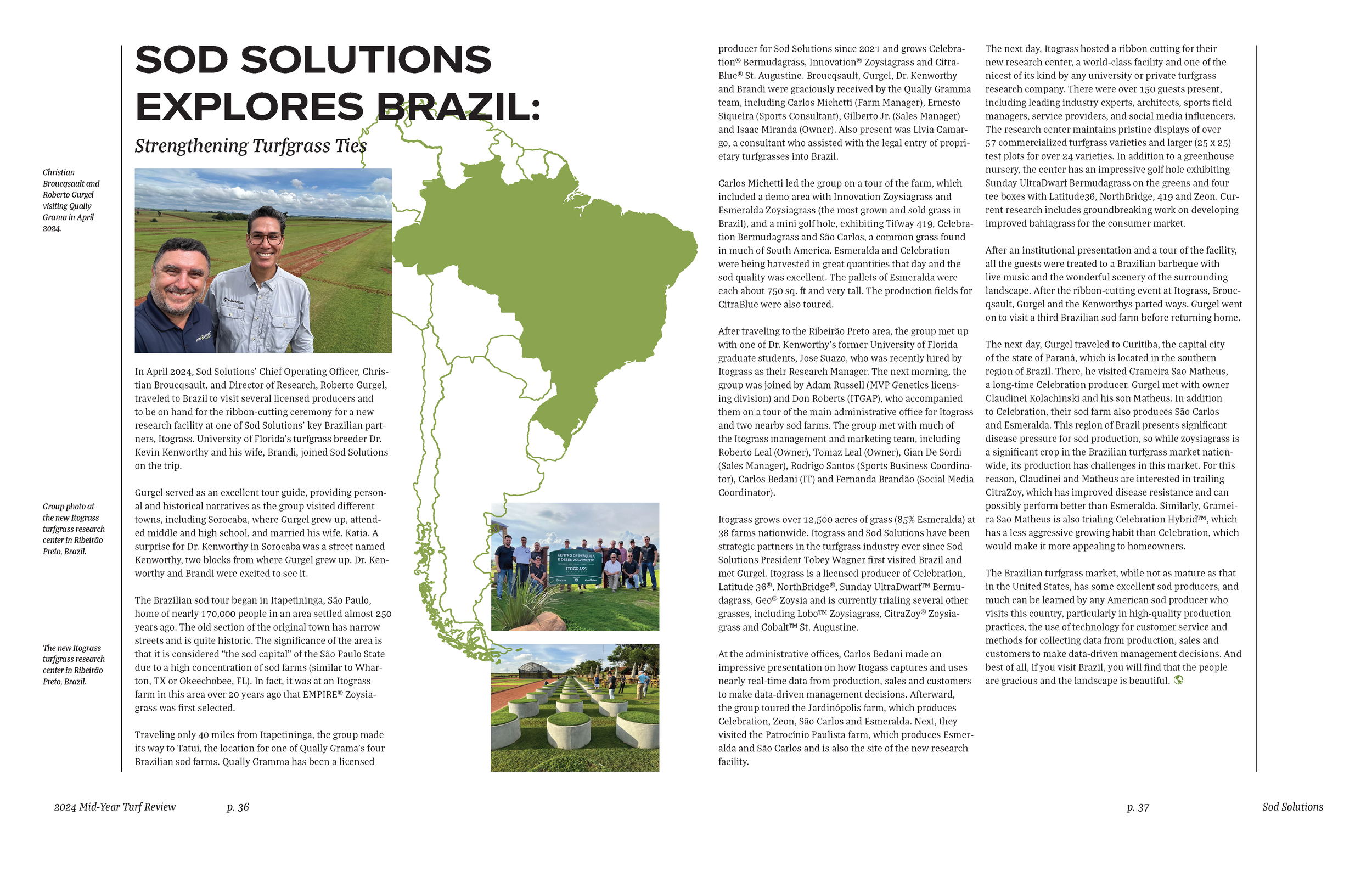 Page from a publication titled 'SOD Solutions Explores Brazil: Strengthening Turfgrass Ties.' It contains a map of Brazil, text describing turfgrass research and visits in Brazil, and two group photos of researchers in a green, outdoor setting.