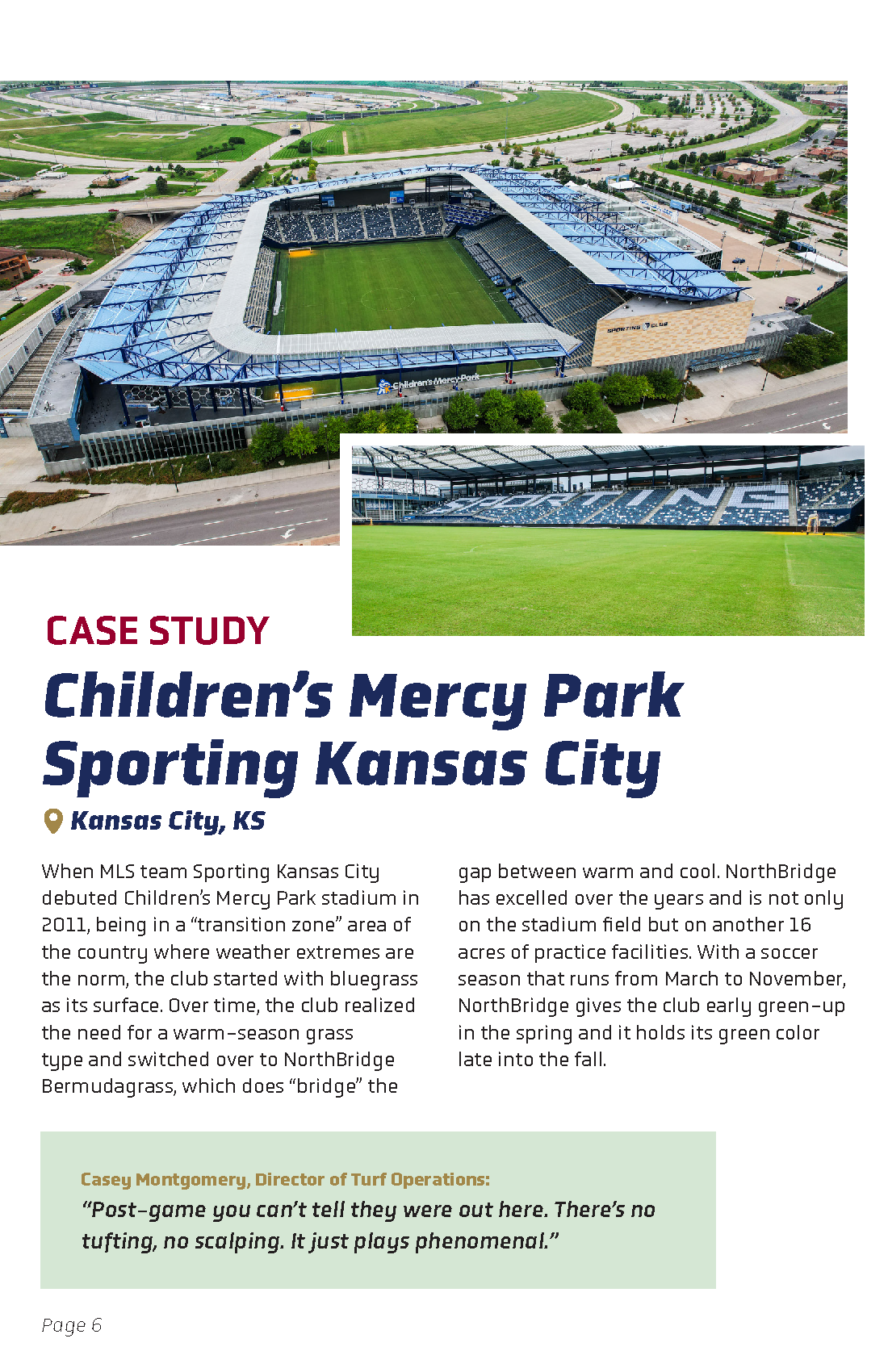 Aerial view of Children’s Mercy Park stadium with surrounding greenery and roads, showing the soccer field inside the stadium.