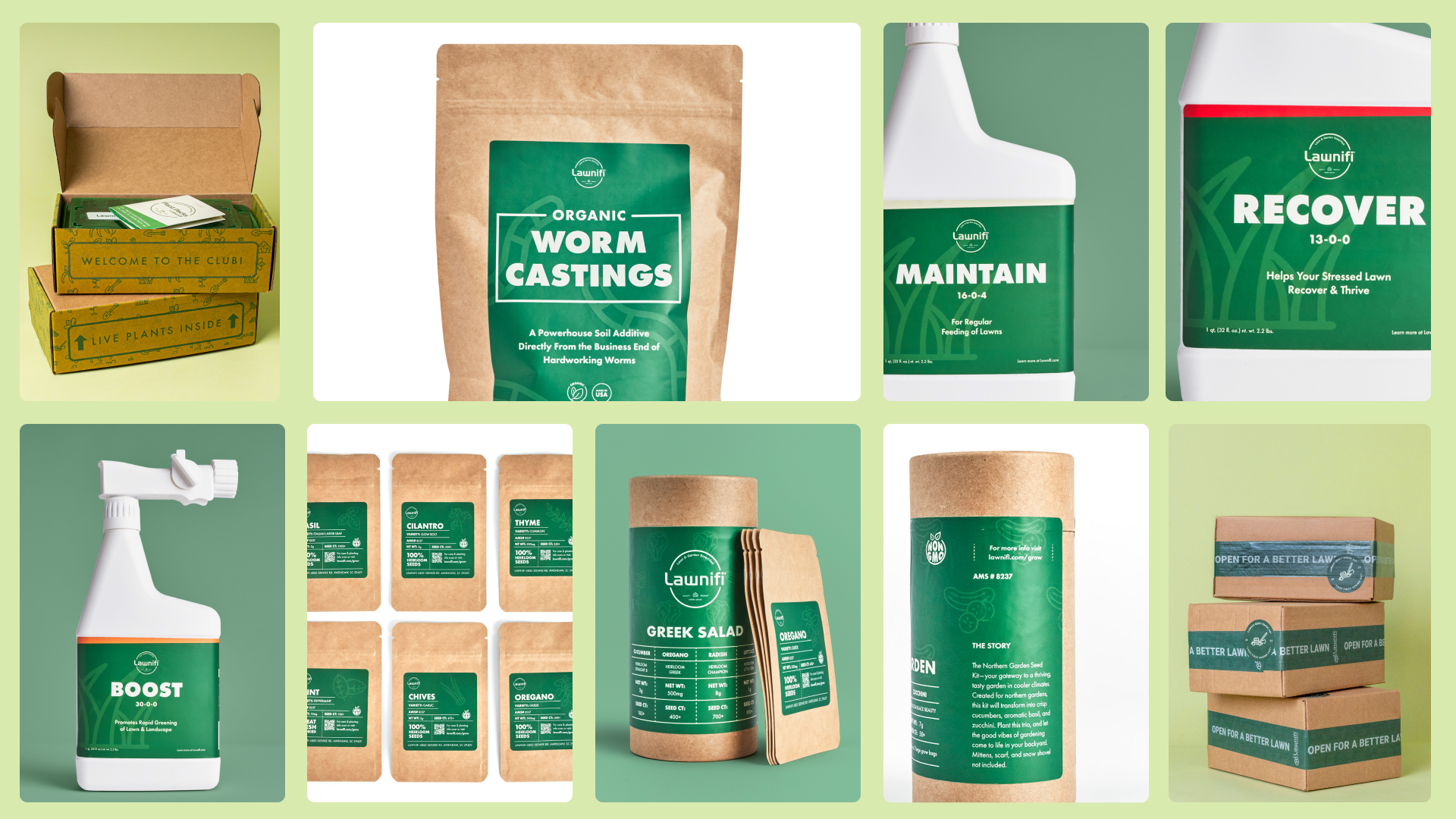 Collection of lawn care and gardening products including fertilizer, soil additives, seeds, and plant labels, with some in cardboard boxes and others in bottles and pouches.