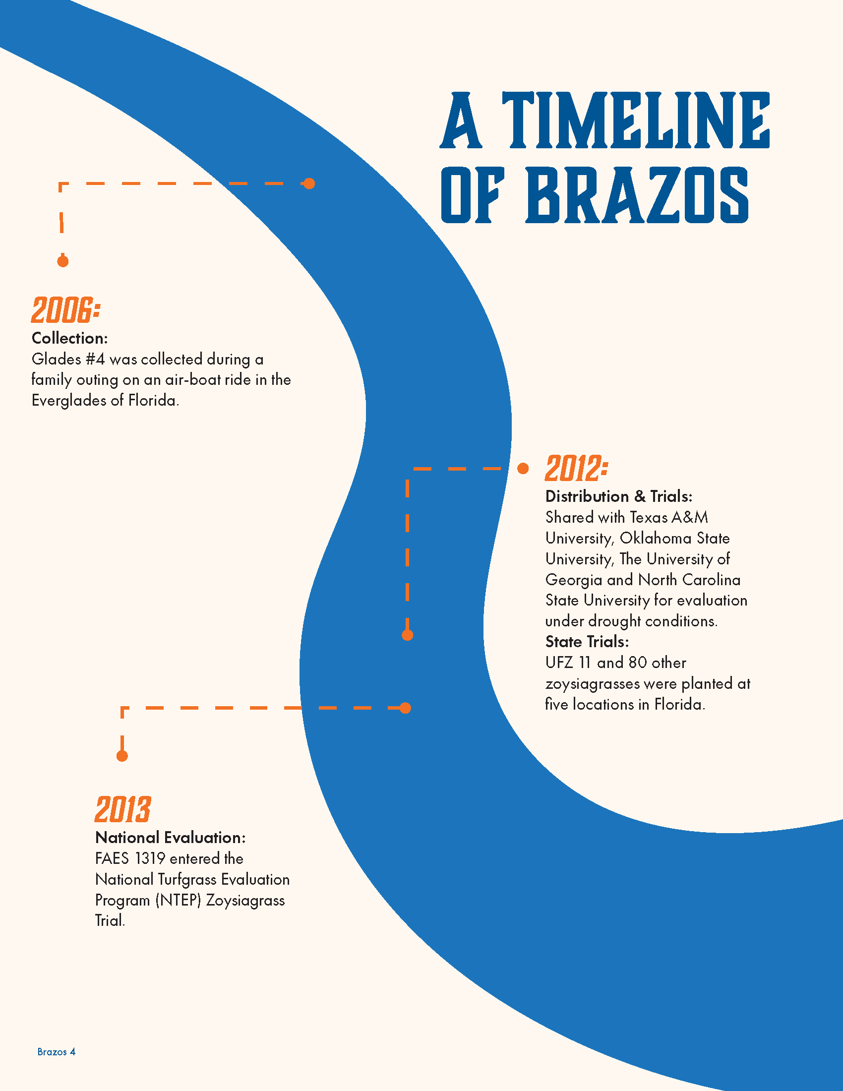 A timeline infographic titled 'A Timeline of Brazos' with years 2006 to 2013 marked along a curved blue line. Each year has a brief description related to plant collections, trials, and evaluations in Florida. The background is off-white, and the tex