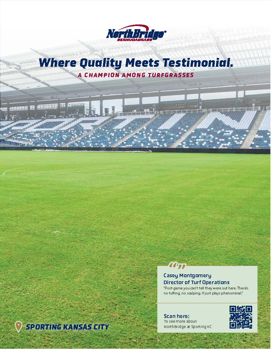 A football or soccer stadium with green grass and seating sections in blue and white, branding for NorthBridge and Sporting Kansas City, and a QR code for more information.