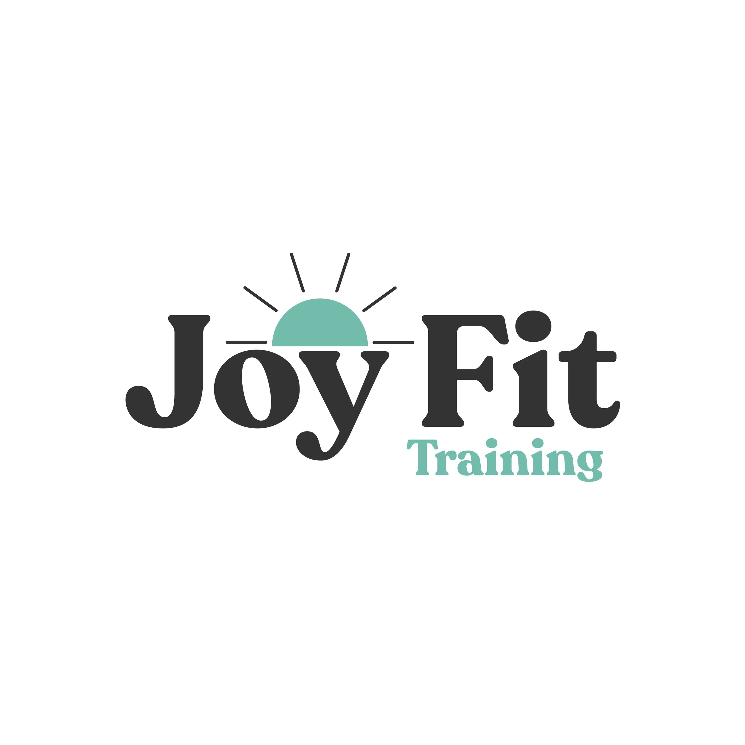 Logo with sun rising above the horizon, accompanied by the text 'Joy(ful) Training' in black and teal colors.