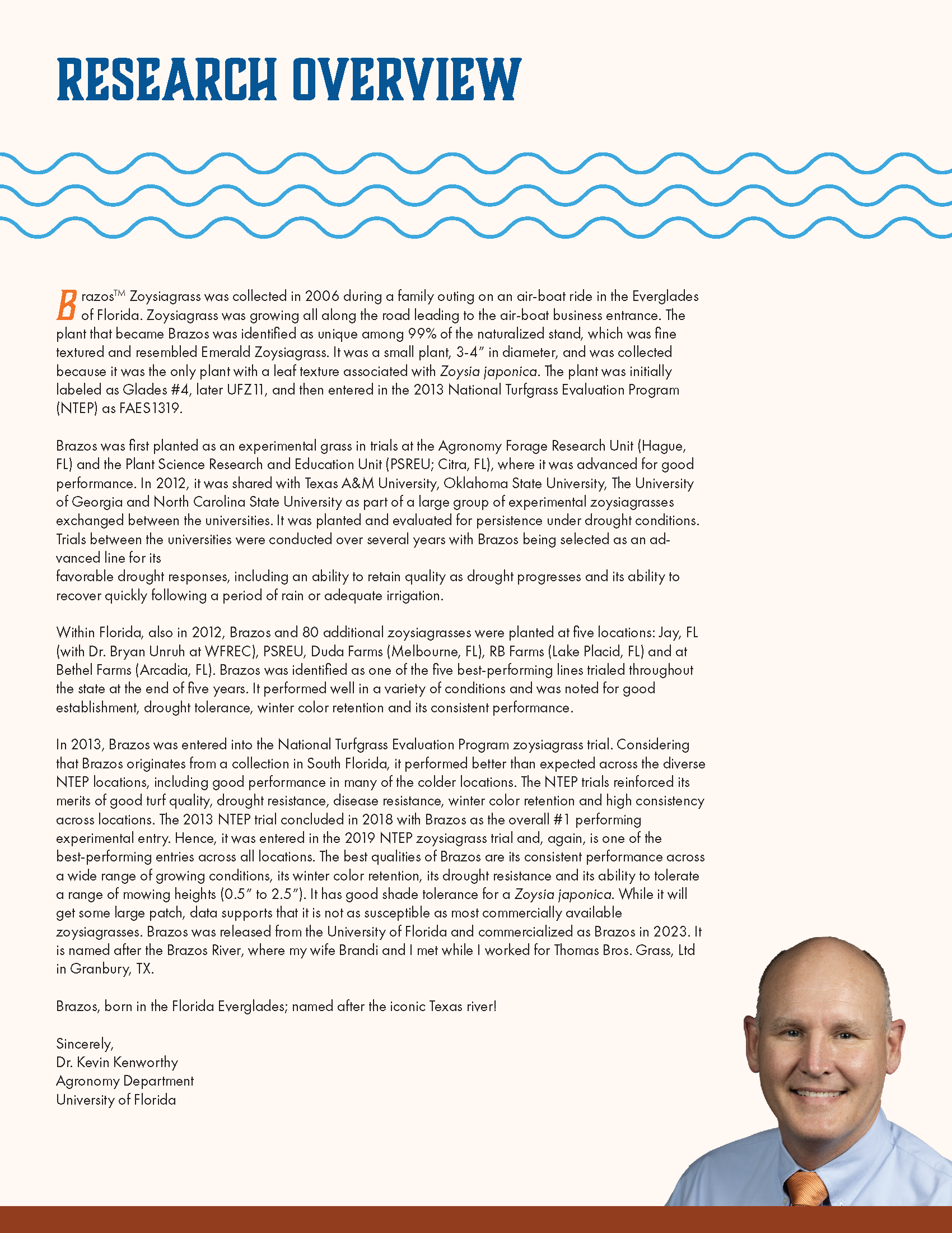 Text-based research overview document with a partial portrait of a smiling man in the lower right corner, dressed in a light blue shirt and tie, with visible bald head and glasses