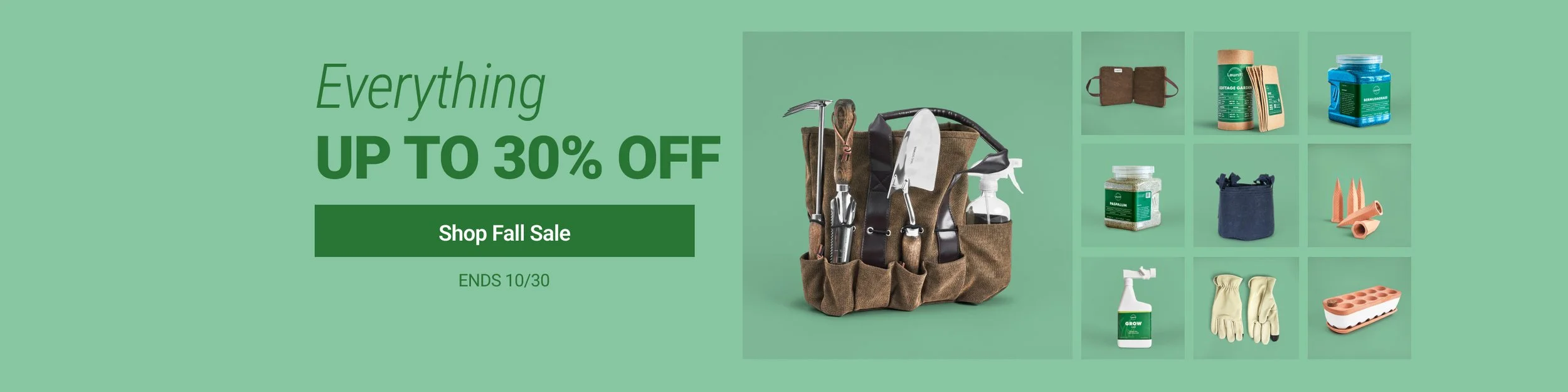 A promotional banner advertising up to 30% off on gardening and outdoor tools, with an assortment of gardening supplies and tools including gloves, spray bottles, seeds, and a tool bag.