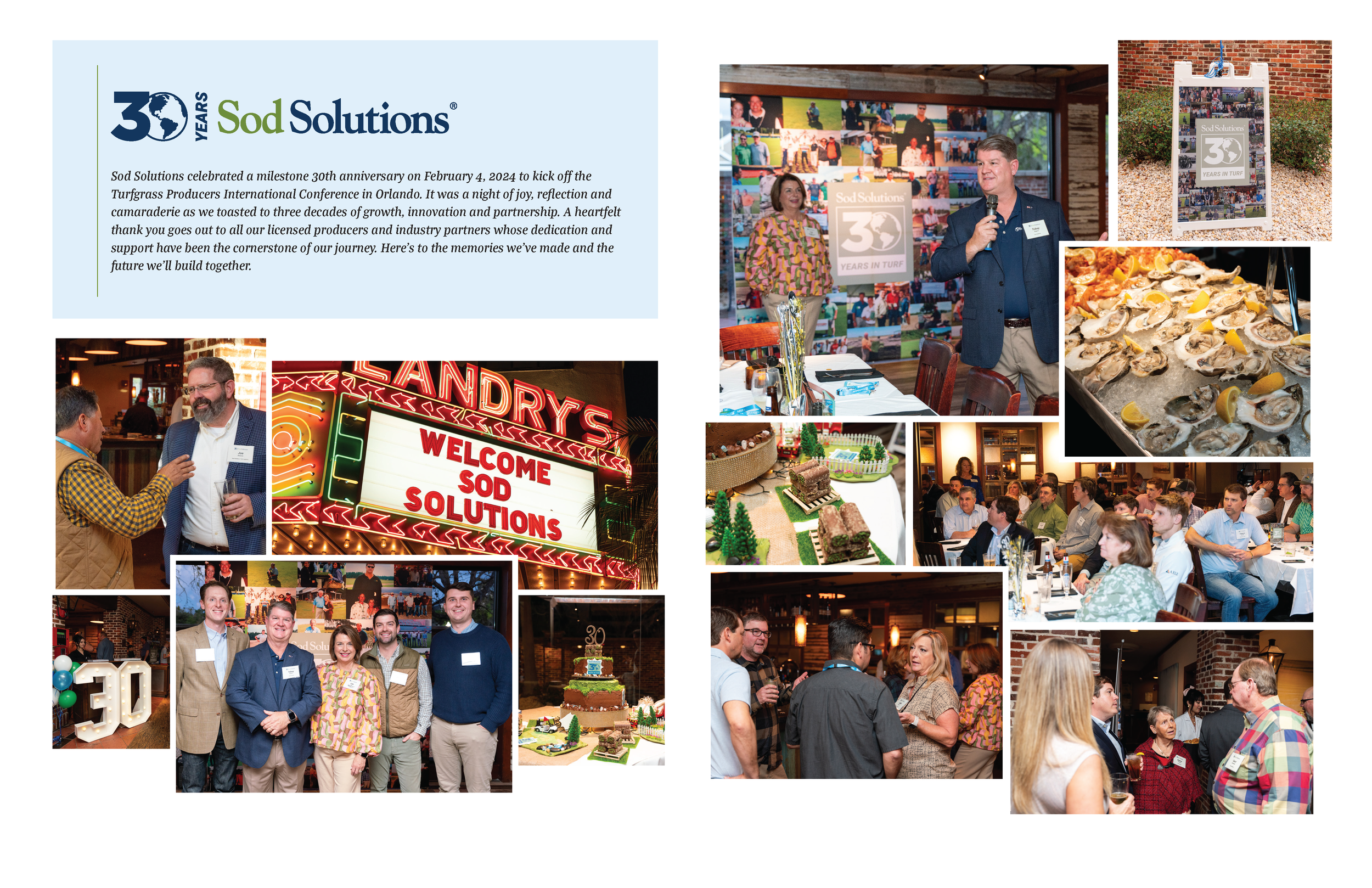 Collage of photos from Sod Solutions' 30th anniversary event. Includes images of people at the celebration, speeches, a sign reading 'Welcome Sod Solutions,' a display of oysters, cakes, baked goods, a cake with the number 30, and a crowd of attendee