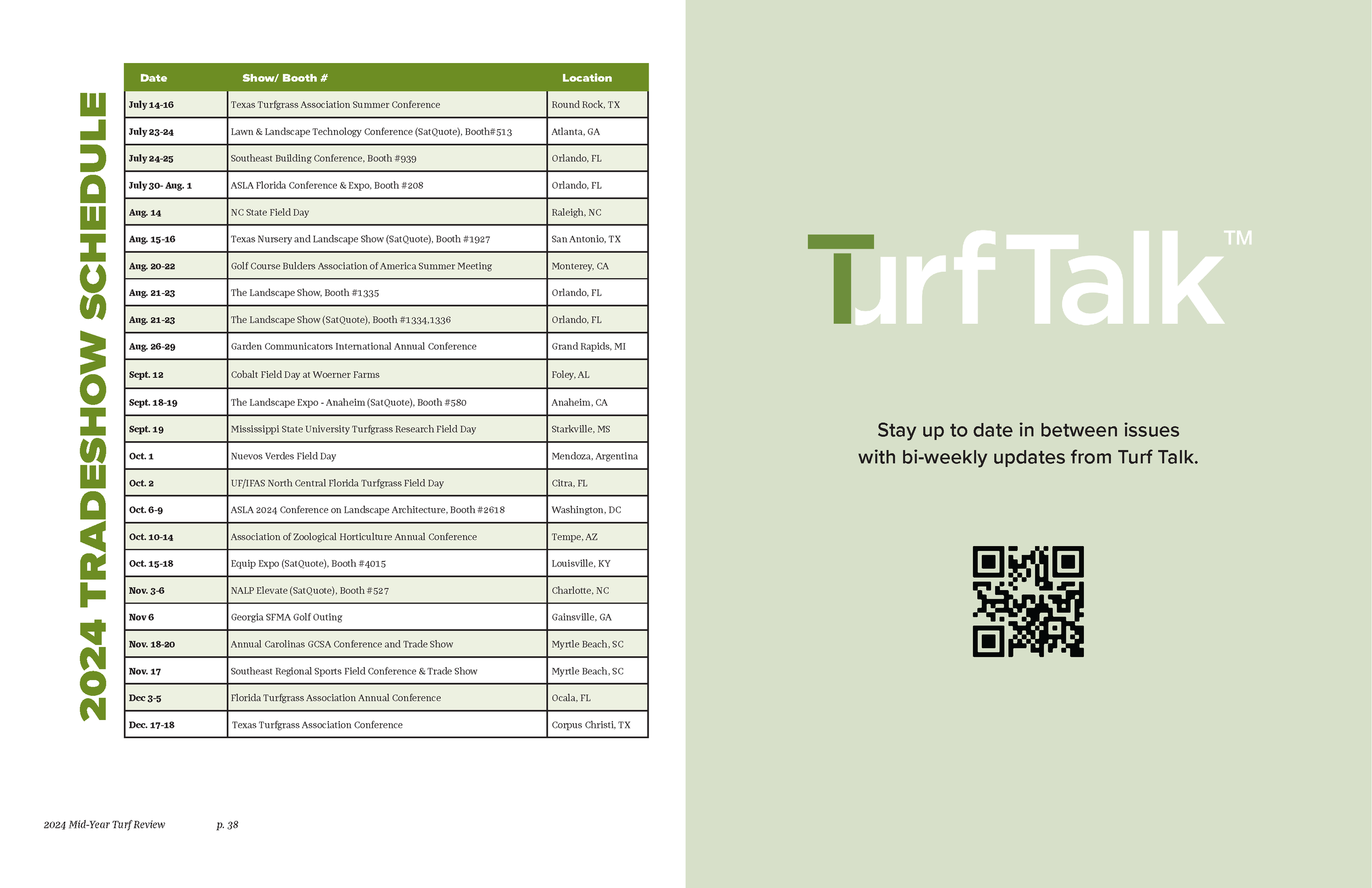 A schedule with dates, events, and locations for turf-related conferences and trade shows in 2024, displayed in a table format with green and white color theme and QR codes.
