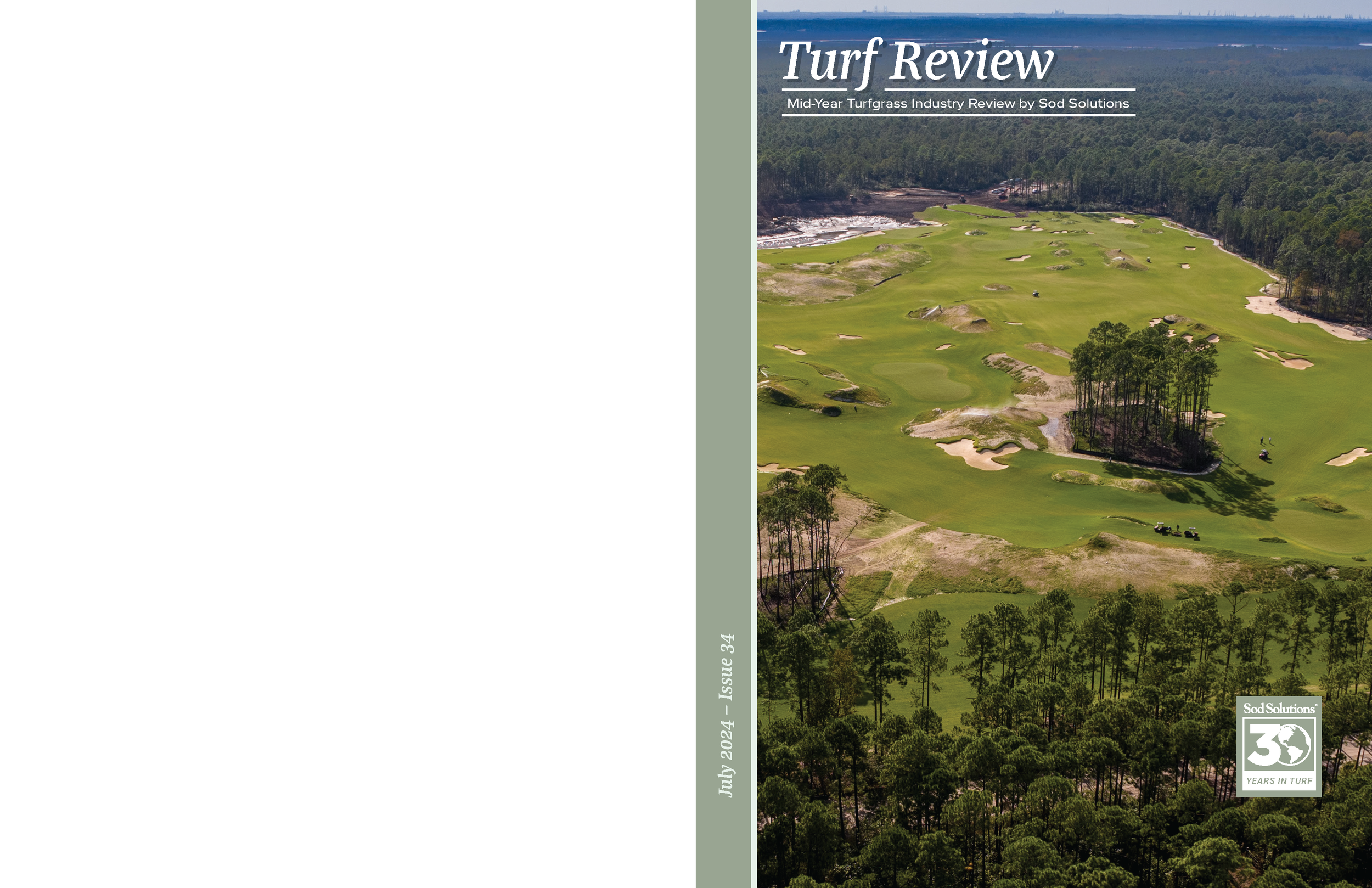 An aerial view of a golf course surrounded by trees and a forest, with a body of water nearby. The cover of a report titled 'Turf Review' includes the subheading 'Mid-Year Turfgrass Industry Review by Sod Solutions' and features a logo with the numbe
