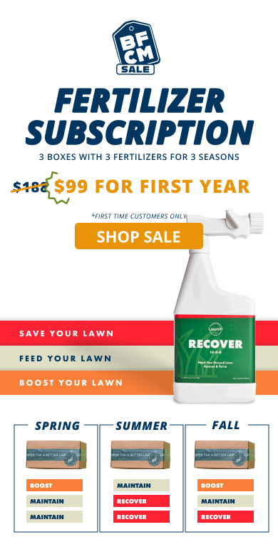 Advertisement for fertilizer subscription sale offering three boxes with fertilizers for three seasons at $99 for first year, with a maximum price of $180. Includes a spray bottle and seasonal lawn care tips.