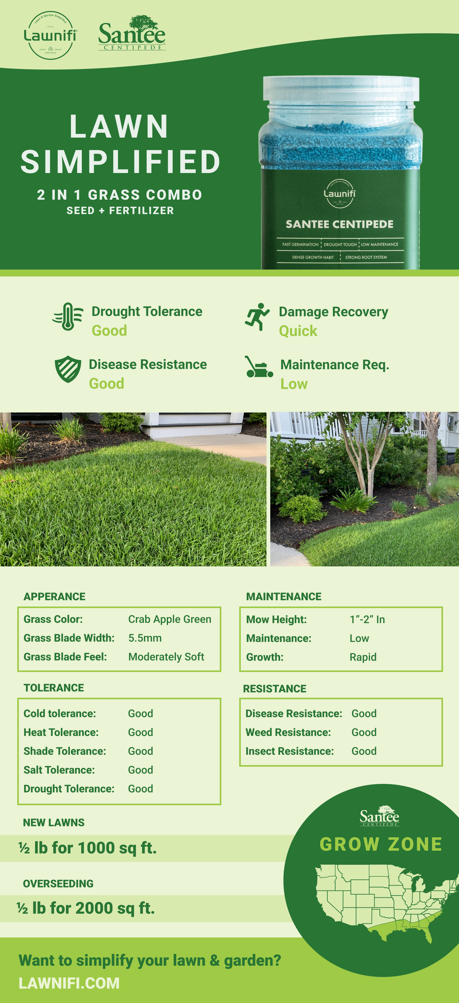 Product packaging for Lawnifi Santee Centipede lawn seed and fertilizer mix, with images of a green lawn and garden beds, featuring product benefits like drought tolerance, damage recovery, and disease resistance, along with grass specifications and 