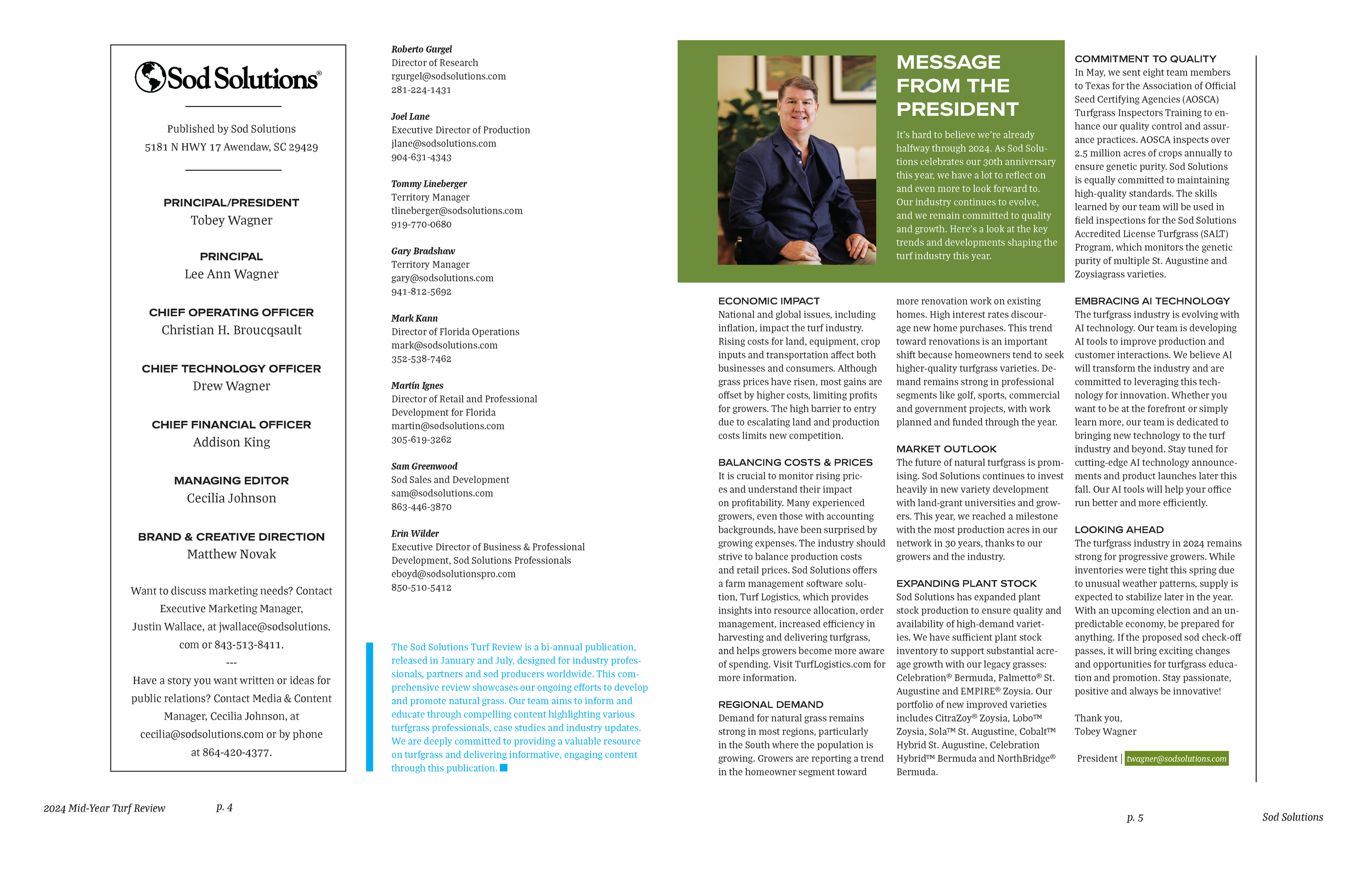 A newsletter page from Sod Solutions featuring a message from the president, Tobey Wagner. The page includes a photo of Tobey Wagner, a list of executive contacts, and articles about turf industry trends and company updates.