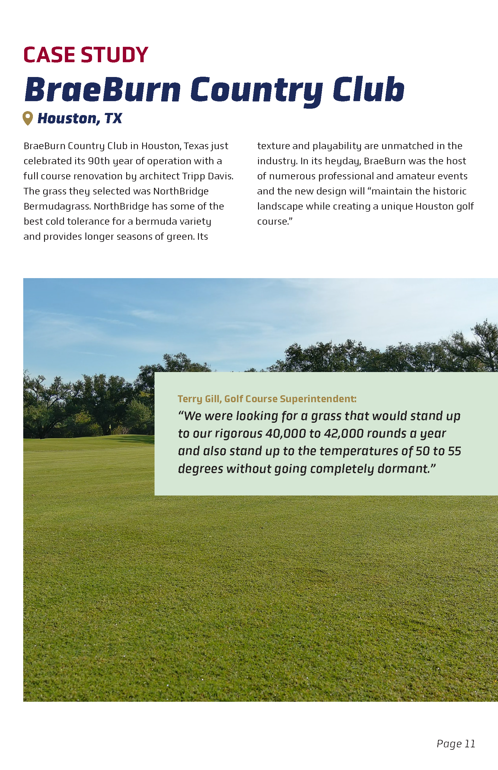A golf course with well-maintained green grass, trees in the background, and a partly cloudy blue sky.