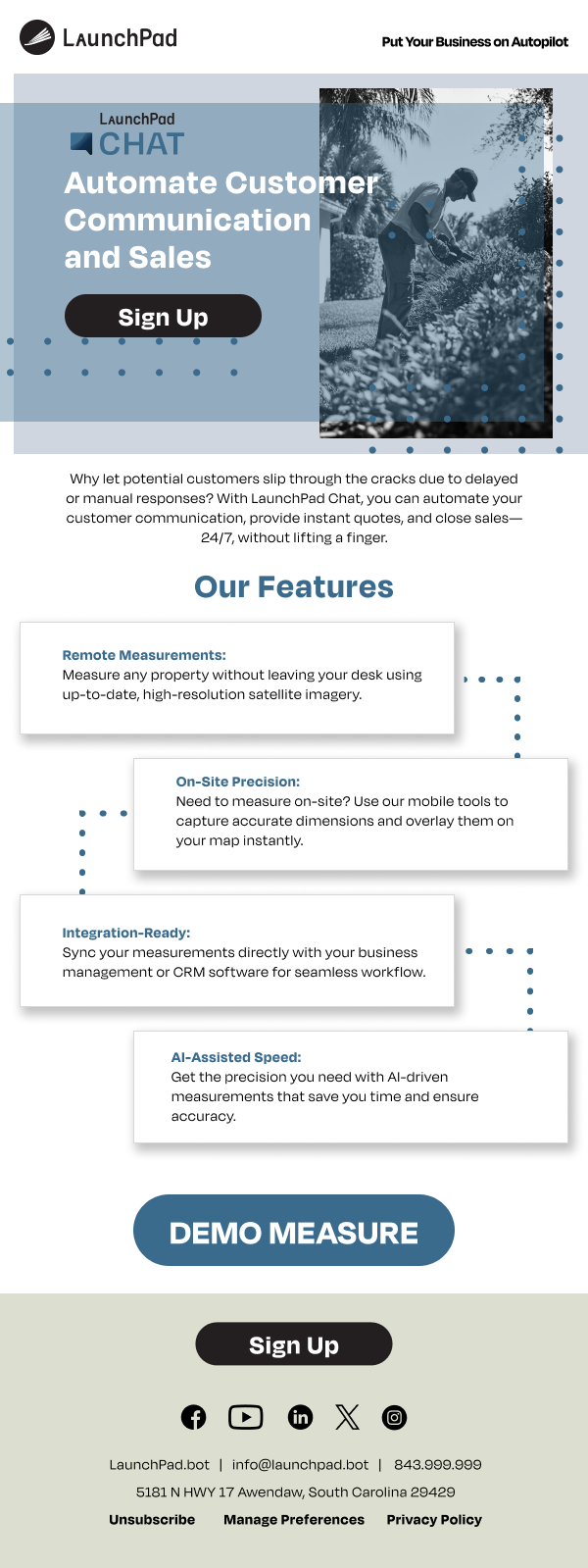 A promotional flyer for LaunchPad Chat offering customer communication and sales automation features, including remote measurements, on-site precision, integration, and AI-assisted speed, with sign-up and demo options.