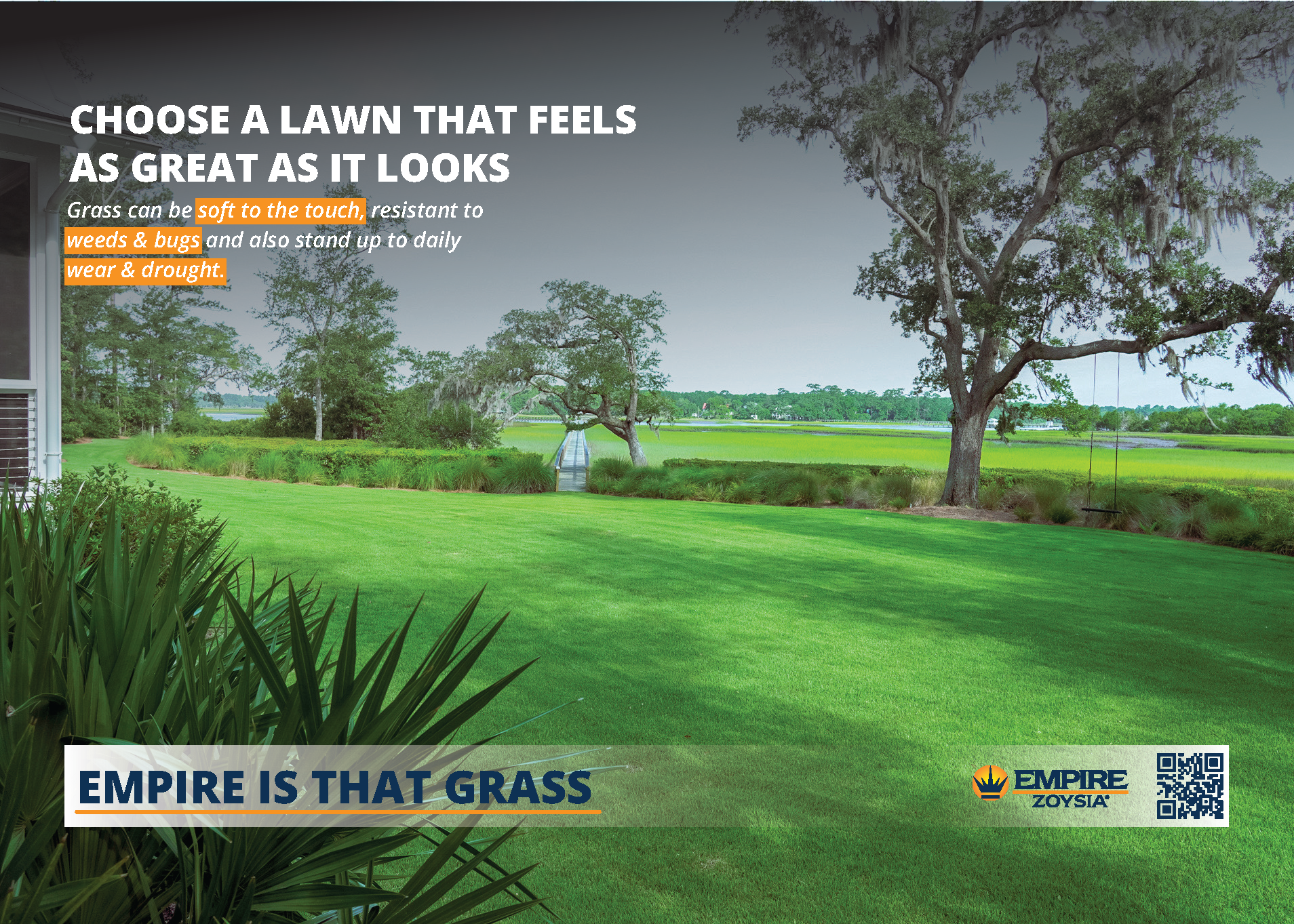 Green lawn with trees and a pathway overlooking a body of water, advertisement for Empire Zoysia grass with the text 'Choose a lawn that feels as great as it looks'.