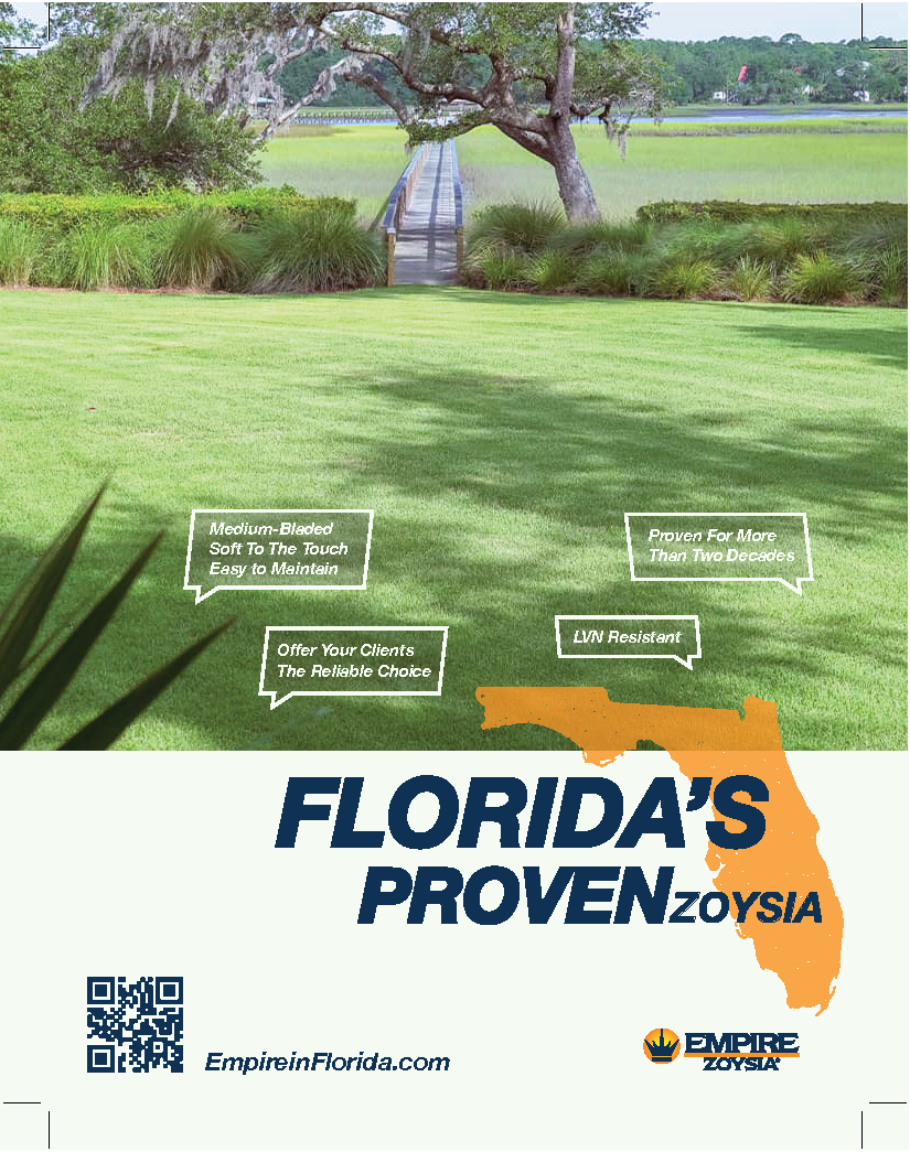 Advertisement for Empire Zoysia grass in Florida featuring a lush green lawn and a small bridge over water, highlighting product qualities such as being medium-bladed, easy to maintain, proven for over two decades, and low resistance. The ad includes
