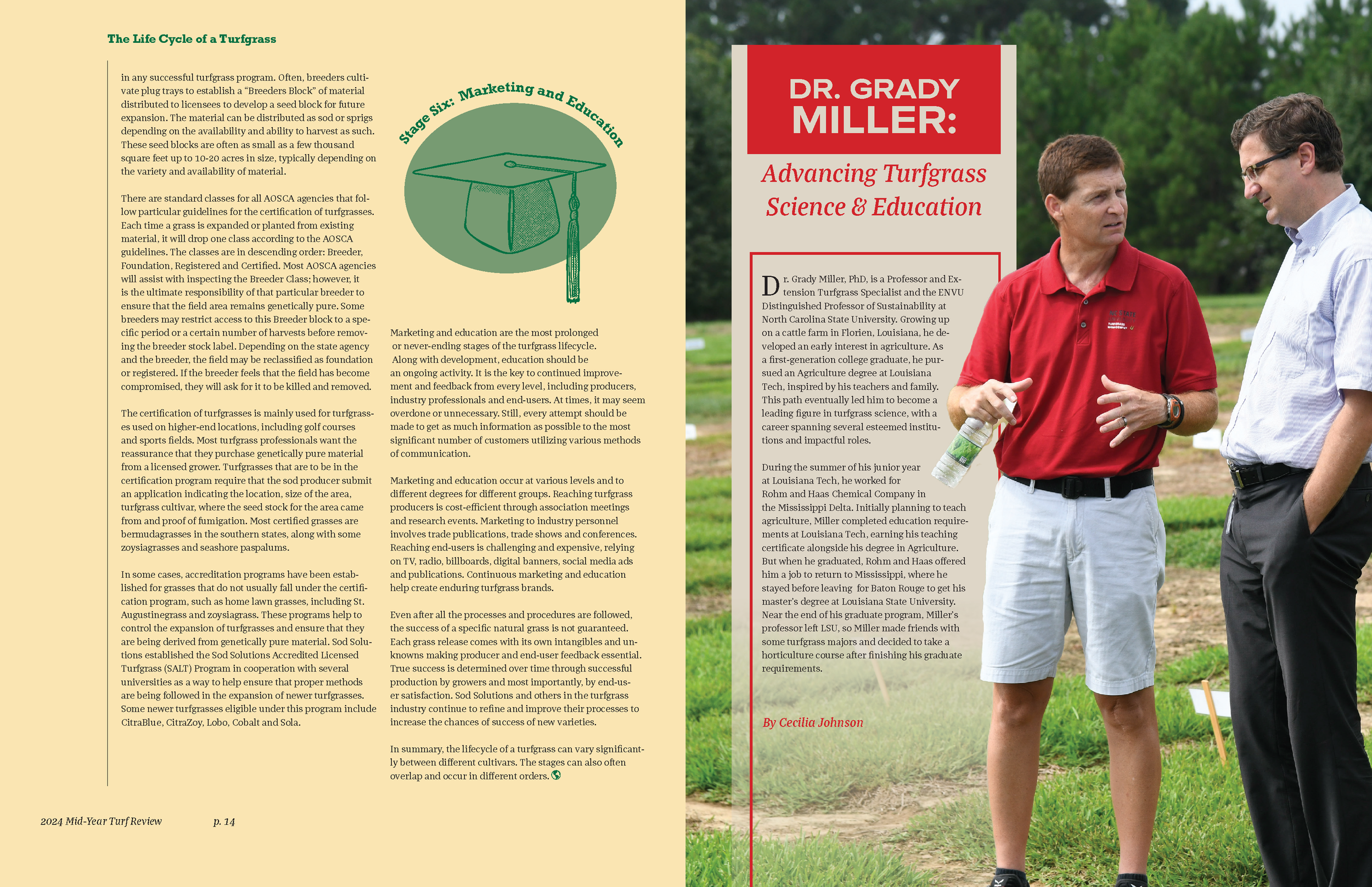 A magazine spread featuring an article titled 'Advancing Turfgrass Science & Education' about Dr. Grady Miller, with a photo of him wearing glasses, a light blue shirt, and beige shorts, talking to a woman in a red polo shirt outdoors among green tre