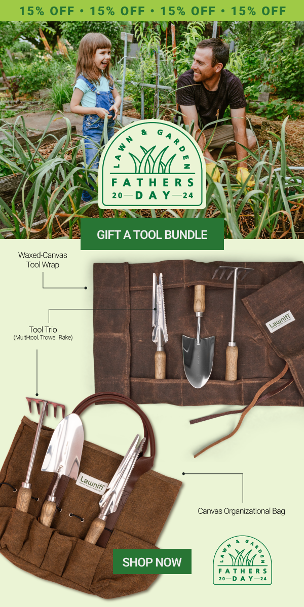 A Father and young daughter gardening in a lush backyard, with promotional banners for Father's Day and lawn and garden tools, including a tool set and organizational bag.