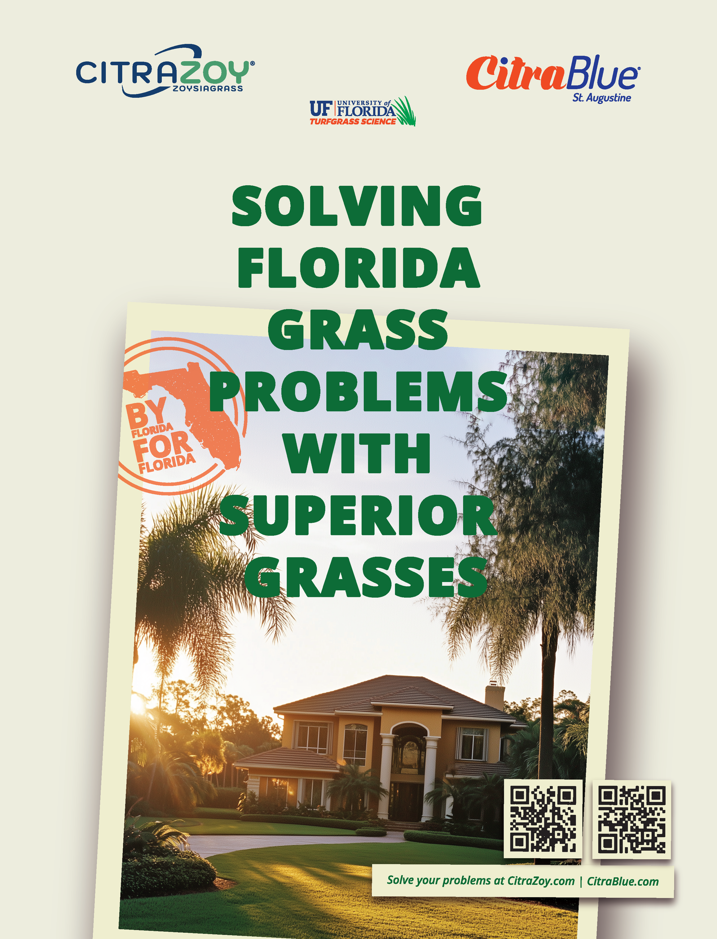 A promotional flyer featuring the logos of CitrAZoy, UF Turfgrass Science, and CitrBlue, with a background image of a house surrounded by palm trees during sunset, and QR codes at the bottom.