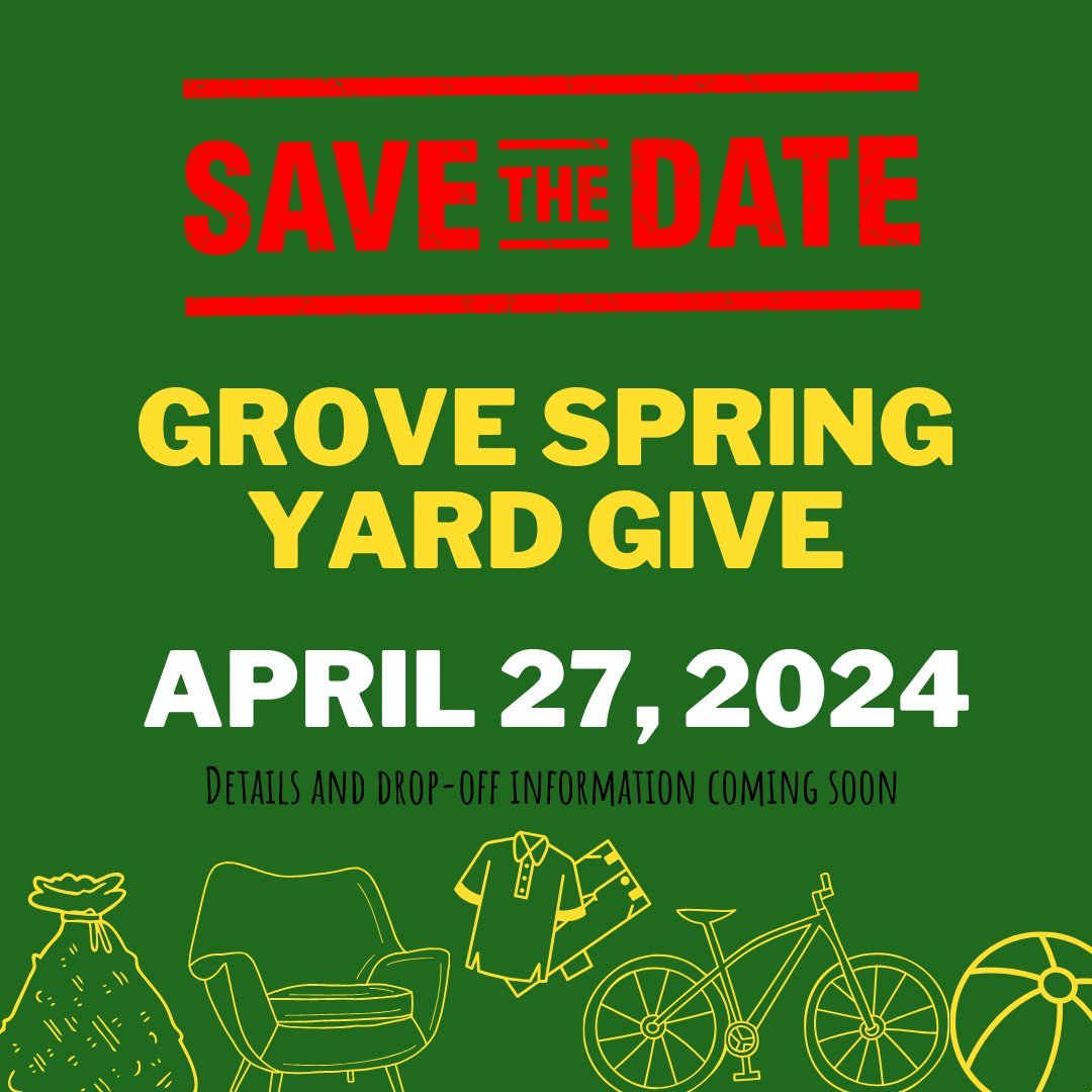 Save the date for our annual Spring Yard Give!! Stay tuned for more details regarding drop off dates and volunteer opportunities.