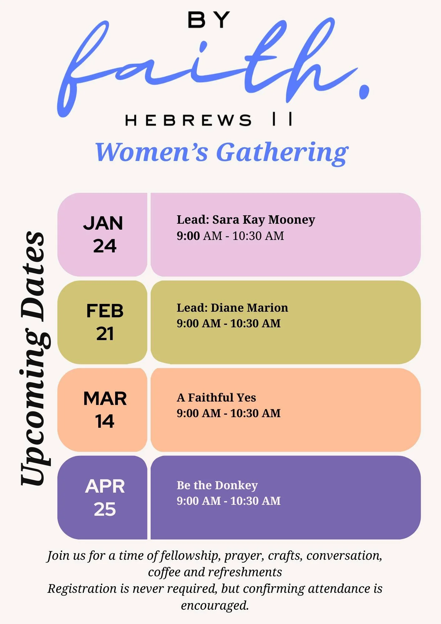 The Women of Faith will be gathering this Saturday. The lovely Sara Kay will be leading us; leaning into the Prayer of Examen. Breakfast refreshments will be provided. As always registration is not required, but encouraged. I have also attached the n