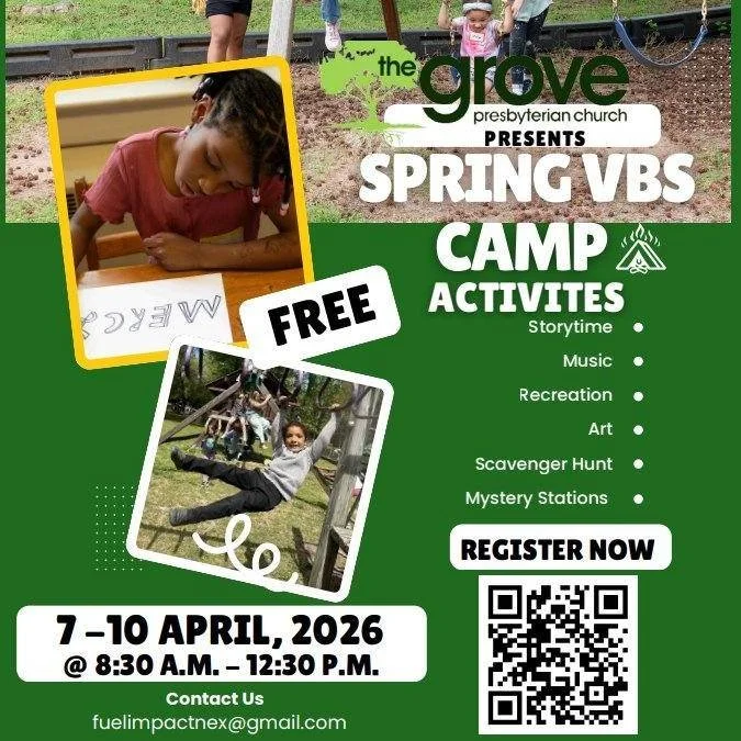 Spring Break VBS is coming! Monday, April 7 - Thursday, April 10 from 8:30AM-12:30PM at The Grove.
To sign your little ones ages Pre-K thru 5th grade up for Spring VBS go to this link:

https://docs.google.com/forms/d/e/1FAIpQLSeyE_ElRHZzKR3VM0UCBV20