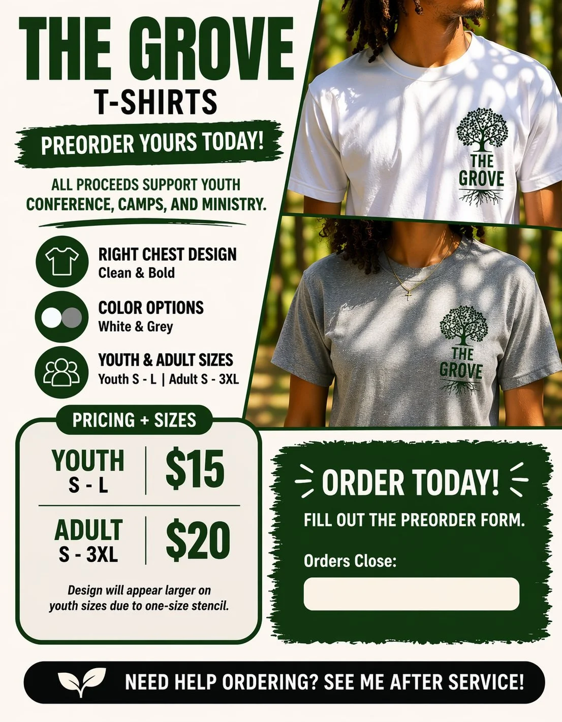 Grove T-shirt fundraiser is underway! T-shirts are available for preorder and every shirt helps send students to conference, camps, and supports everything we&rsquo;re building in youth ministry. Orders yours at:
https://docs.google.com/forms/d/e/1FA