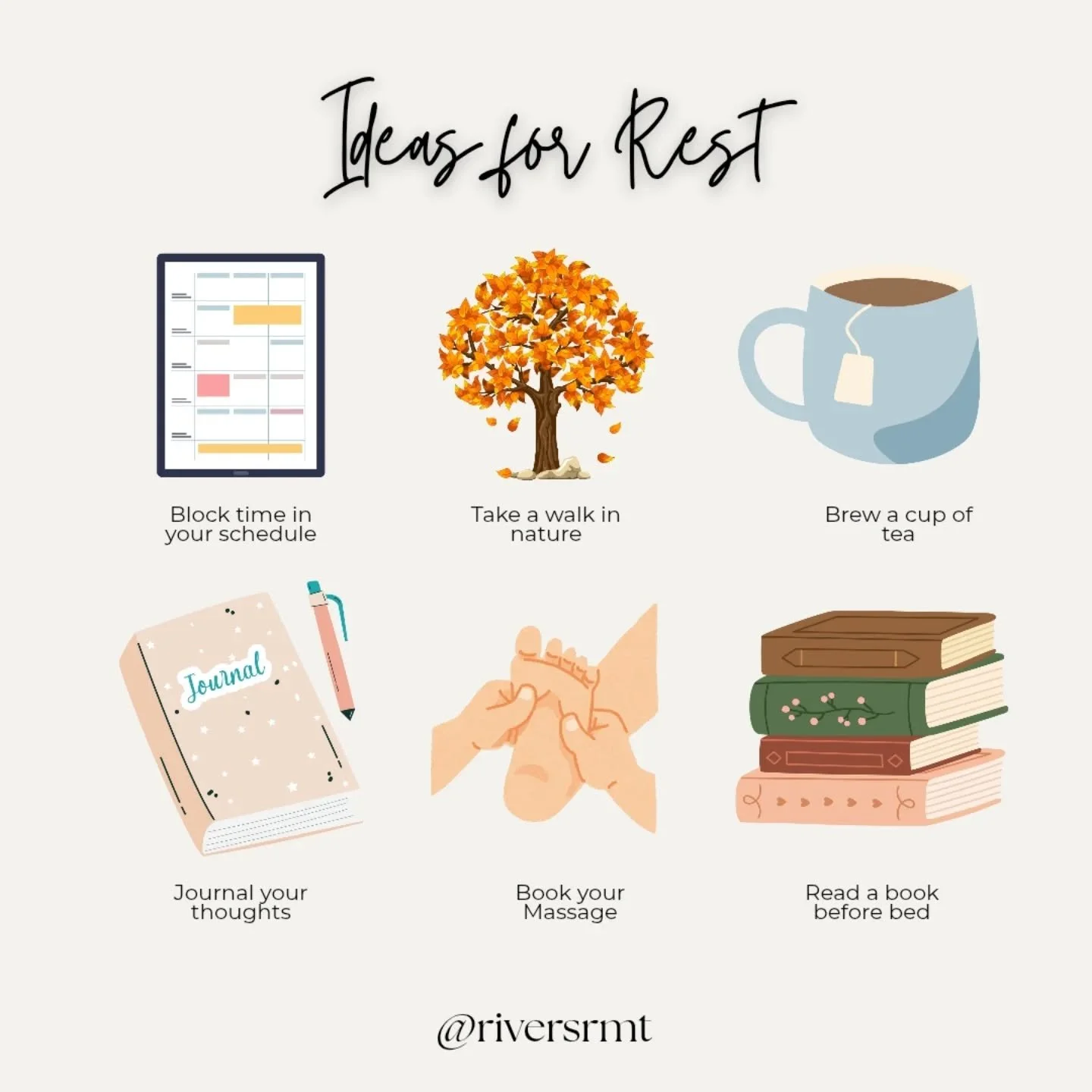 Need Ideas on how to rest?

Here are some ideas on how to rest, and how to prioritize it: 😌 Take a walk in nature - fresh air is 🗝️
😌 Make a cup of tea midday
😌 Journal your thoughts at the end of your day
😌 Read 10 pages of a book you enjoy
😌 